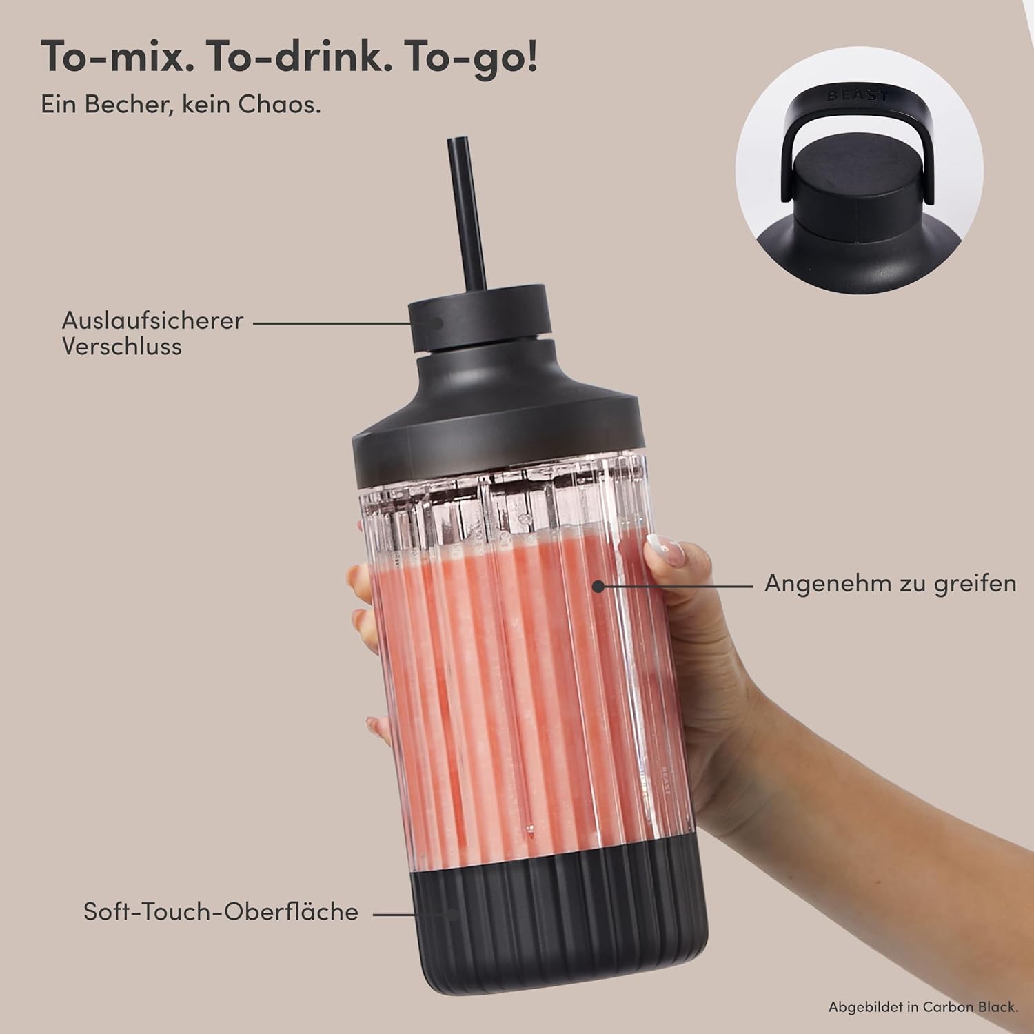 BEAST Standmixer 1200 W – Smoothie Maker Hochleistungsmixer mit 3 Tritan-Rührbechern – 1200 ml – To-go-Trink- und Aufbewahrungsdeckel – Mixer für Smoothies, Eis und Shakes – Bild 6