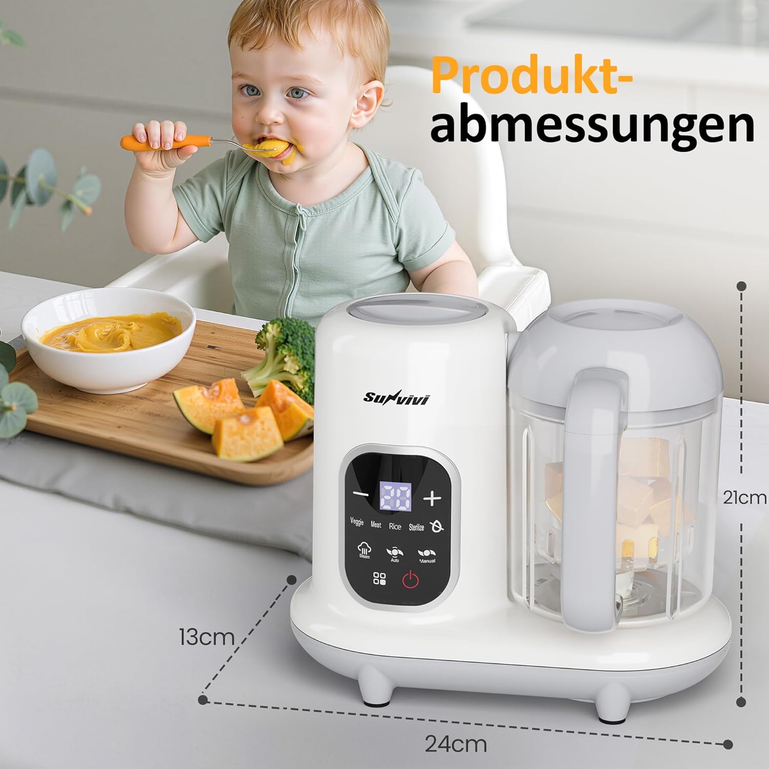 Sunvivi Babynahrungszubereiter 8-in-1 mit Dampfgarer und Mixer, 350 g Babynahrungszubereiter mit großer Kapazität, multifunktionaler Babybreibereiter mit LCD-Display, Sterilisator, Wärmer und Auftaufunktion – Bild 6