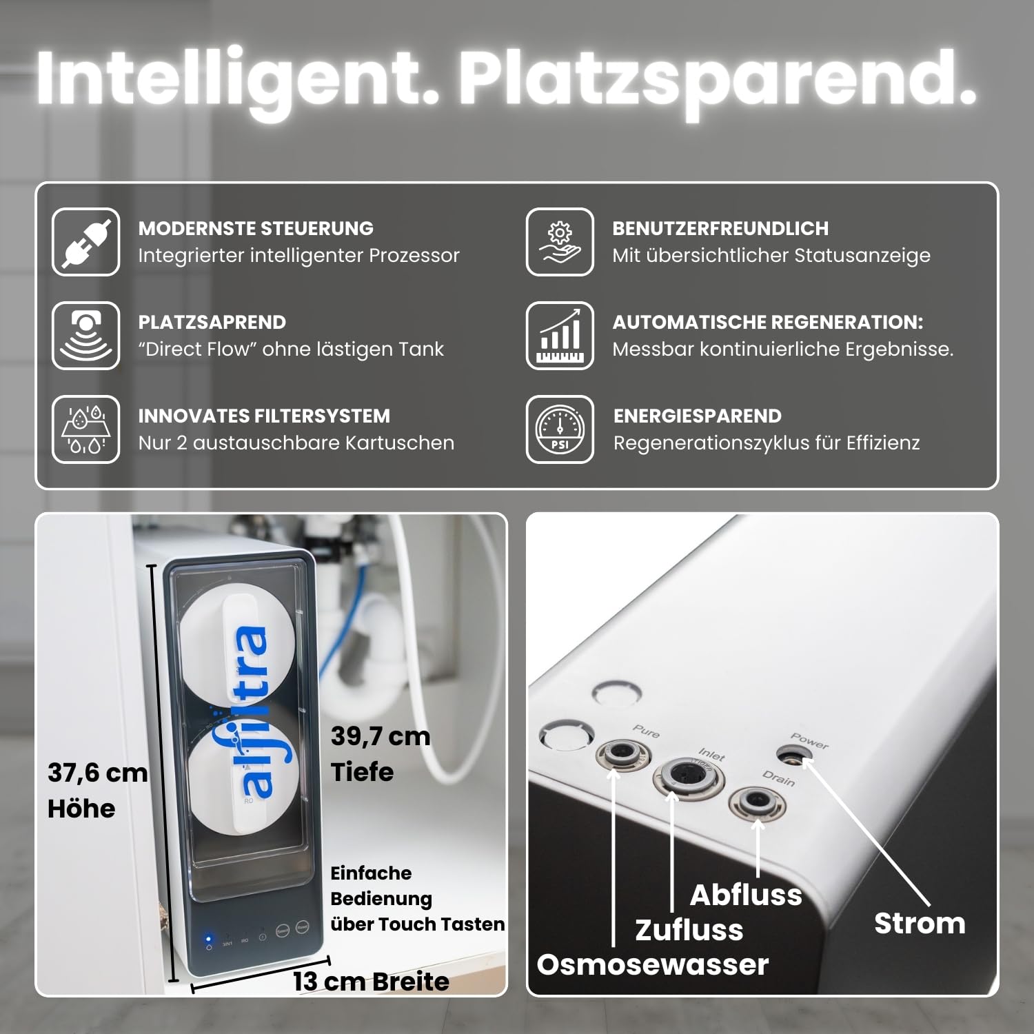 Reos Slim Umkehrosmoseanlage, Wasserfiltersystem mit Edelstahlhahn, Unterbau-Osmoseanlage, Trinkwasserfilter, 600 GPD, 3-in-1-Filtersystem, LED – Bild 5