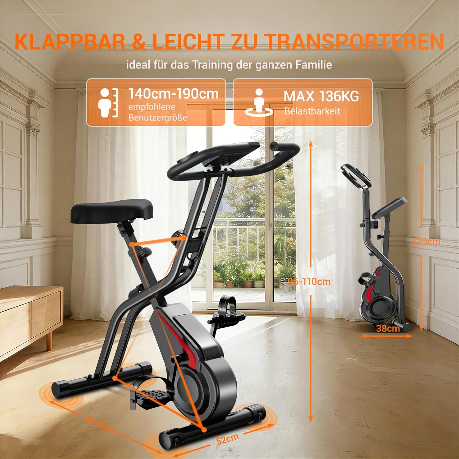 UMAY Ergometer Heimtrainer Fahrrad, 5-in-1-Heimtrainer, faltbares Indoor-Bike, 16 Stufen magnetischer Widerstand, Cardio mit Pulsmessung & LED-Anzeige, weicher Sitz, 136 kg Tragkraft – Bild 5