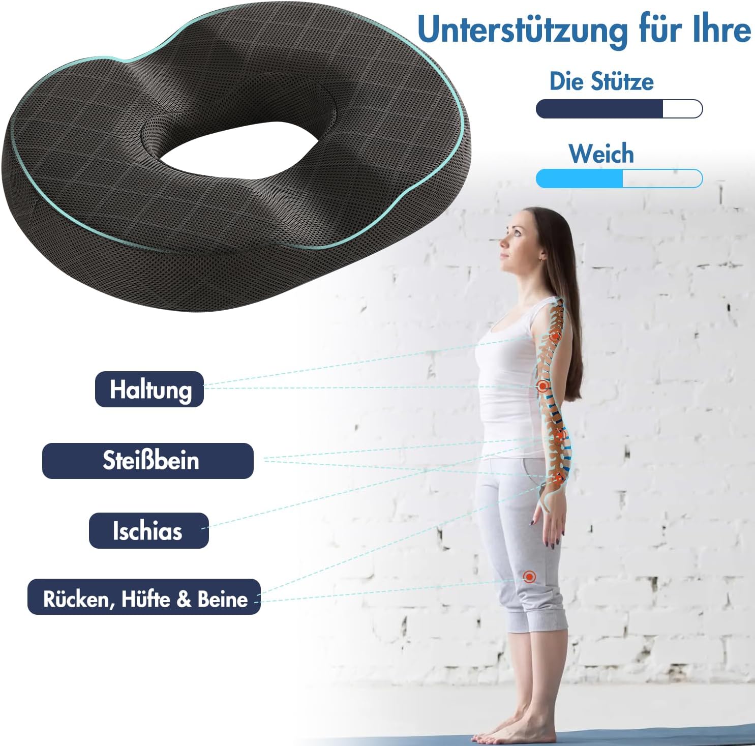 SKYNY Gel-Donut-Sitzkissen aus Memory-Schaum – ergonomisches Sitzring-Design für gleichmäßige Druckverteilung – Sitzring-Sitzkissen für langes Sitzen im Büro, Heimbüro, Auto und im Alltag – Bild 4