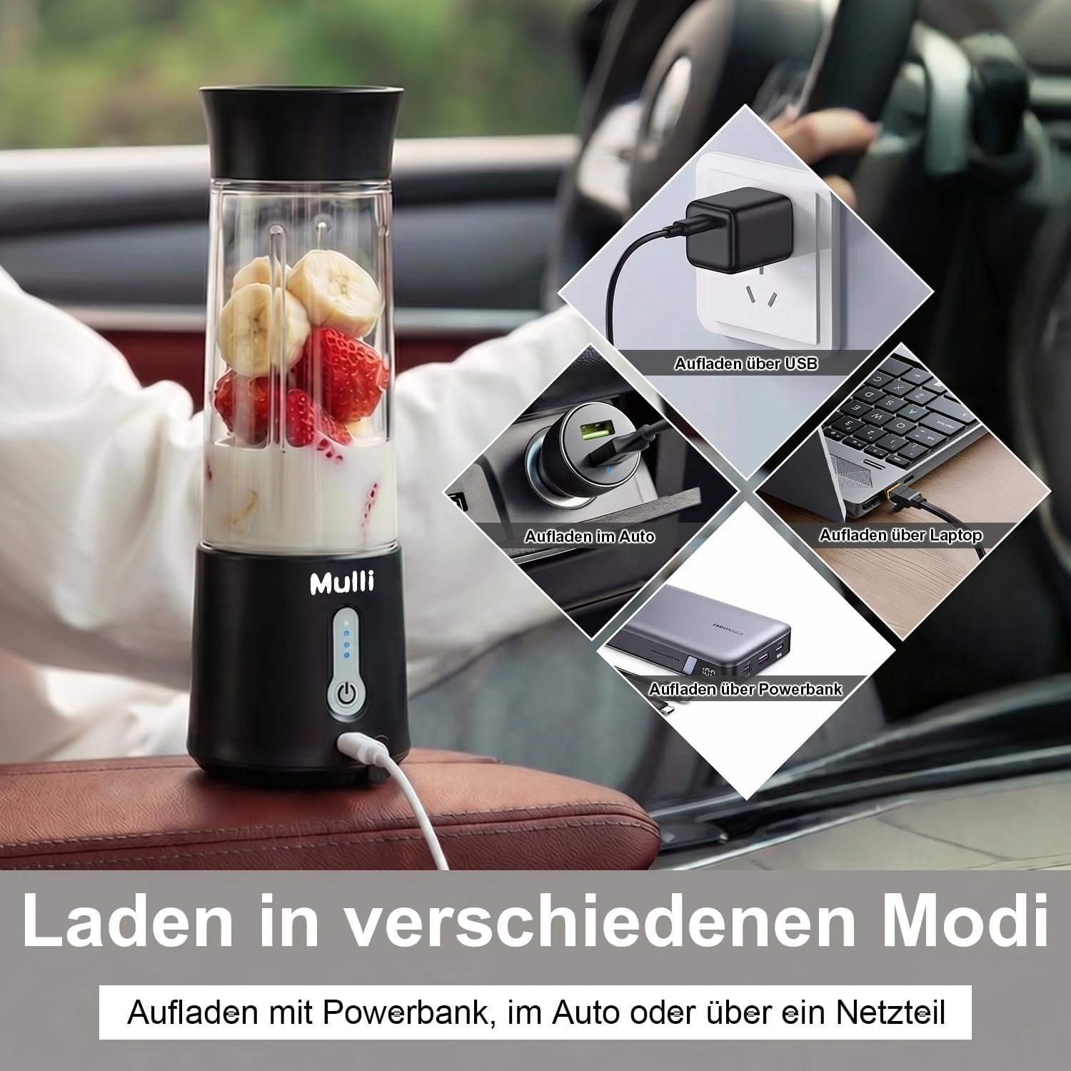 Tragbarer Mulli-Mixer mit Reisedeckel – 500 ml, per USB wiederaufladbar, persönlicher Smoothie- und Protein-Shake-Maker, 6 Klingen für Sport, Reisen, Fitnessstudio und Zuhause – Bild 6