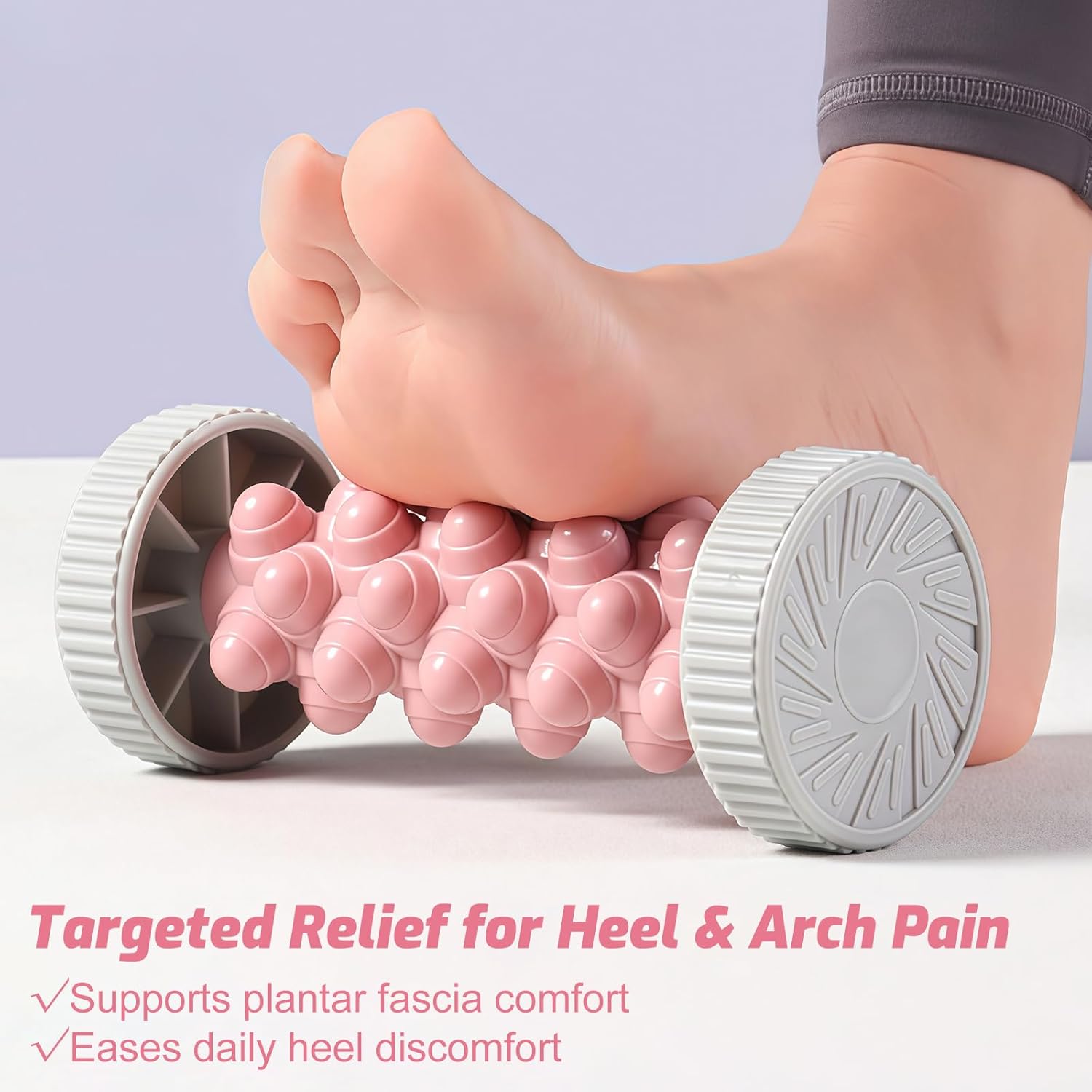 2 Stück Fußmassageroller für Plantarfasziitis, Faszienroller Fuß, tragbarer Fußmassageroller mit Noppen für Hand & Fuß, Fersenschmerzen, Stressabbau & Entspannung – Grau & Rosa – Bild 2