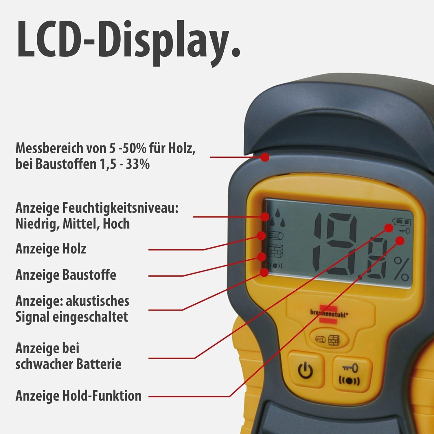 Brennenstuhl Moisture Detector MD (Feuchtemessgerät / Feuchtemessgerät für Holz oder Baustoffe, mit LCD-Display) – Bild 4
