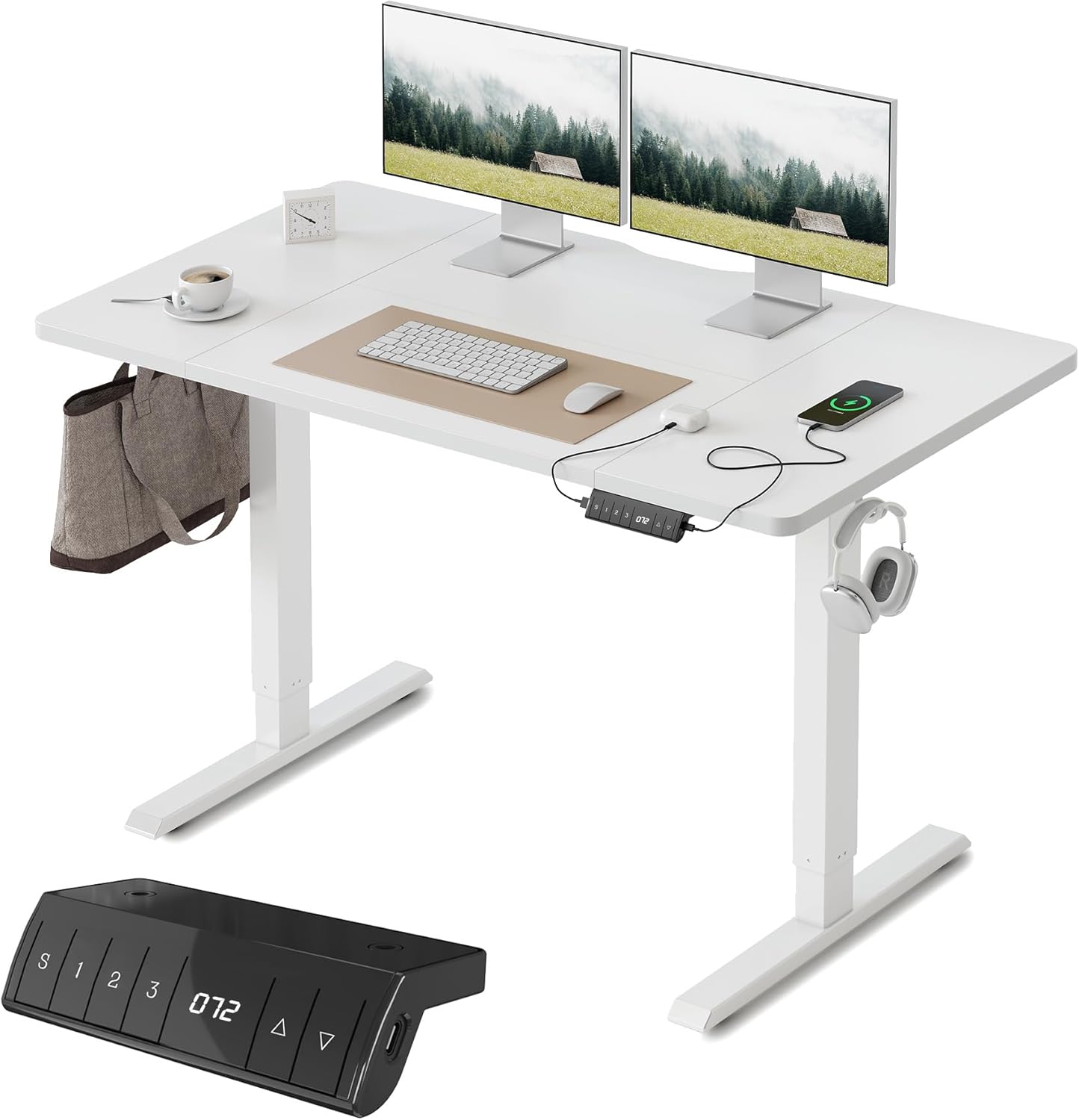 FEZIBO Höhenverstellbarer Schreibtisch mit USB-A- und USB-C-Ladeanschlüssen, 120 x 60 cm Schreibtisch, höhenverstellbar, elektrisch, ergonomischer Stehsitztisch für Home Office, Stehpult, Weiß