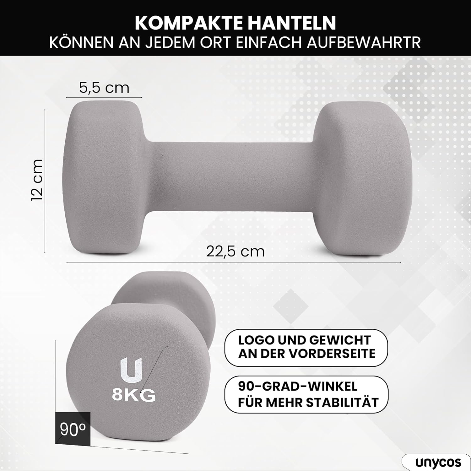 unycos - Neopren-Hanteln 【2er-Set, 1-10 kg】Hanteln, rutschfest für Damen und Herren, Anti-Roll-Design, Fitnessstudio, Krafttraining, Pilates, Gymnastik, Fitnessgeräte für Zuhause – Bild 5