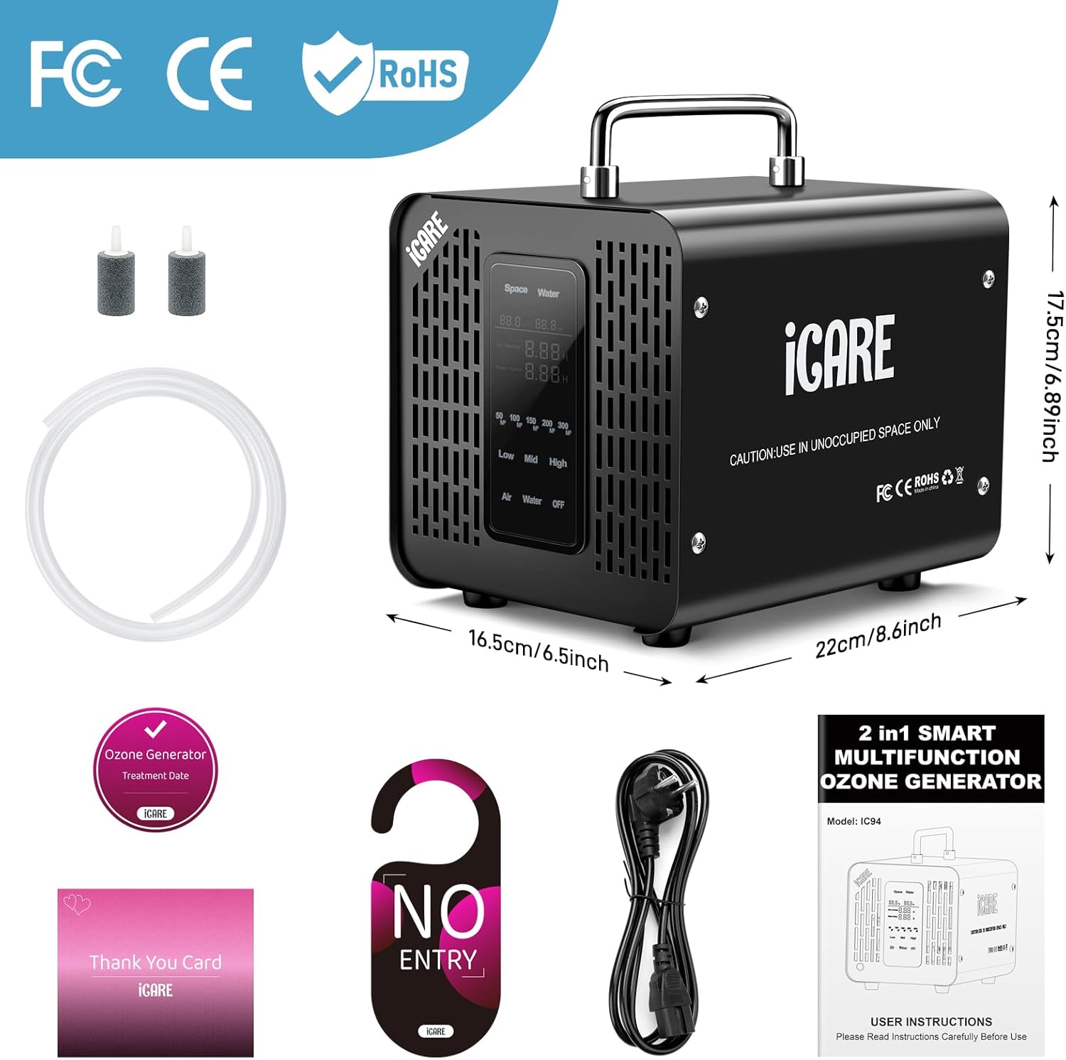 Smarter Ozongenerator 60000 mg/h mit 2 Modi, digitaler Ozongenerator für Wasser und Luft, Ozongerät mit 120-Minuten-Timer für 300㎡, Geruchskiller für Auto, Rauch, Haustiergerüche, Küchengerüche – Bild 9