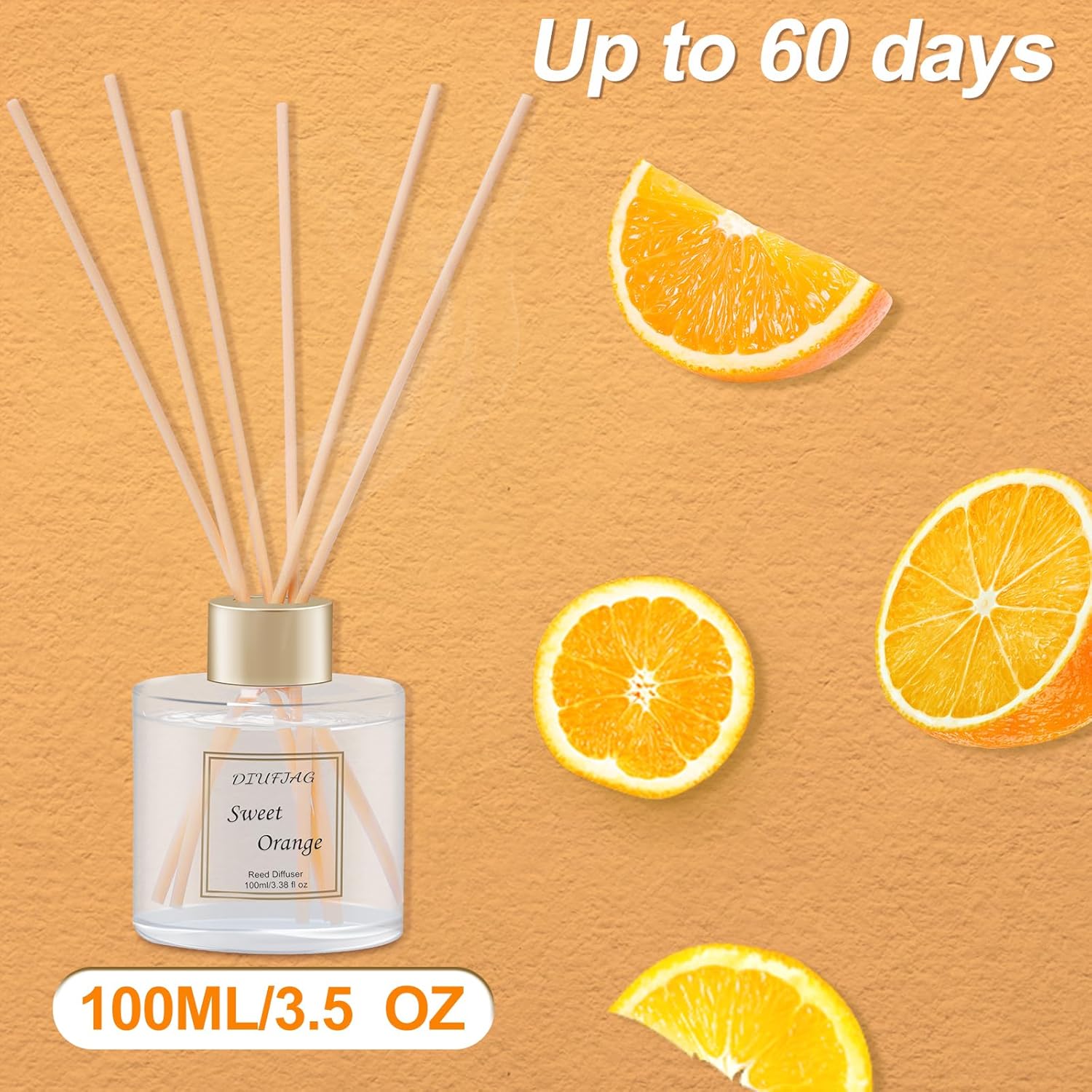 Raumduft-Diffusor mit 6 Duftstäbchen, 100 ml, Orange, Zitrus-Aromatherapie-Diffusor, natürlich, langlebig, Raumduft, Schilfrohr-Diffusor, Lufterfrischer für Schlafzimmer, Büro, Badezimmer, Regaldekoration – Bild 2