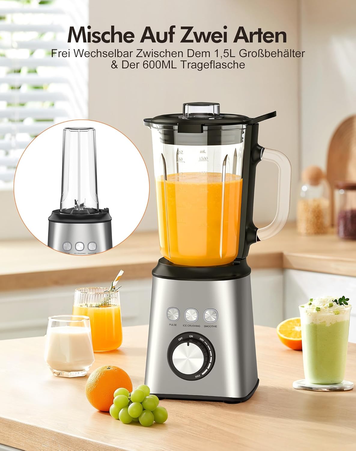 Mixer, Smoothie Maker & Standmixer, Schnellmixer, Smoothie Maker, 1,5 L Glasbehälter & 600 ml, 1.000 W, 24.000 U/min, 3 Programme, stufenlose Geschwindigkeit, Edelstahl, für Smoothies, Mixen – Bild 5