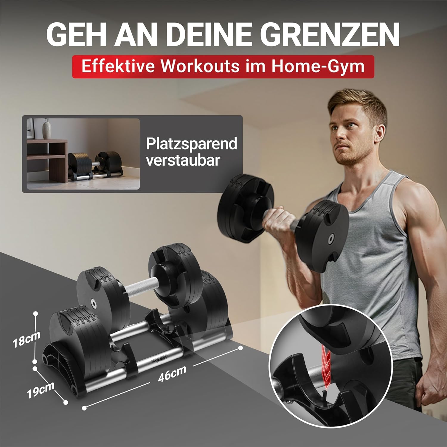 Miweba Sporthantel VH200 | Profi-Hanteln – Hantelgewichte 2–28 kg – Hantel-Set – verstellbare Hanteln – Hantelscheiben aus Stahl – ergonomischer Griff – Hantel-Set – Kurzhantel – Bild 4