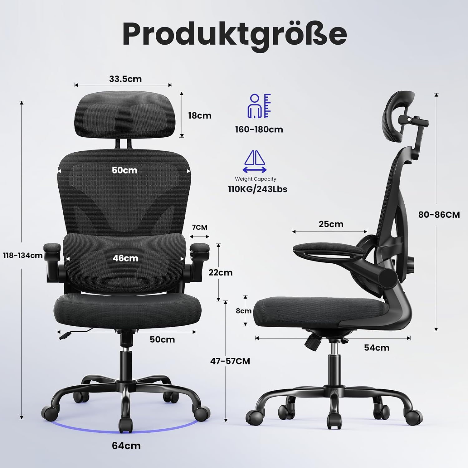 naspaluro Ergonomischer Bürostuhl mit dynamischer Lordosenstütze, Schreibtischstuhl mit 3D-Kopfstütze, klappbaren Armlehnen, atmungsaktivem Netzbezug, 360°-Drehstuhl für das Home Office, Schwarz – Bild 3