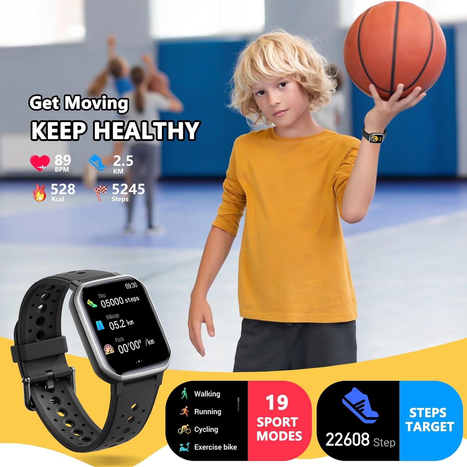 JOYELE Kinder-Smartwatch für Jungen und Mädchen, Fitness-Aktivitäts-Tracker-Uhr, IP68 wasserdicht, 19 Sportmodi, Herzfrequenz-Schlafmonitor, Schrittzähler, Kindergeschenke für Teenager – Bild 4