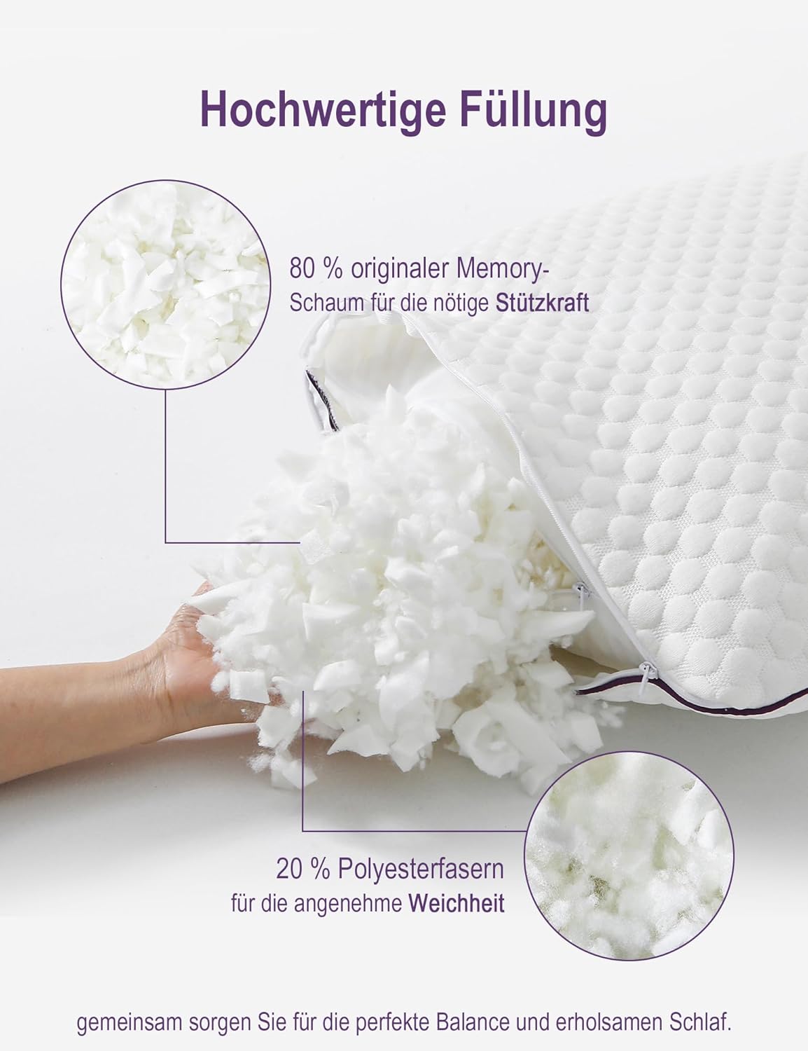 1 x Kissen 40 x 80 cm – ergonomisches Memory-Schaum-Kissen, höhenverstellbar mit Reißverschluss für alle Schlafpositionen und ganzjährige Nutzung – Bild 7