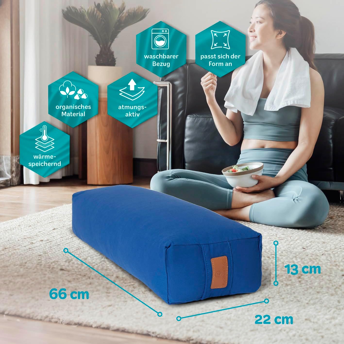 #DoYourYoga Paravati Yoga Bolster 67 cm x 13 cm gefüllt mit Bio-Dinkelspelzen (KBA) oder Bio-Buchweizenspelzen (KBA), Yogakissen mit waschbarem Bezug, Sitzkissen & Zafu-Kissen für Yin Yoga – Bild 3