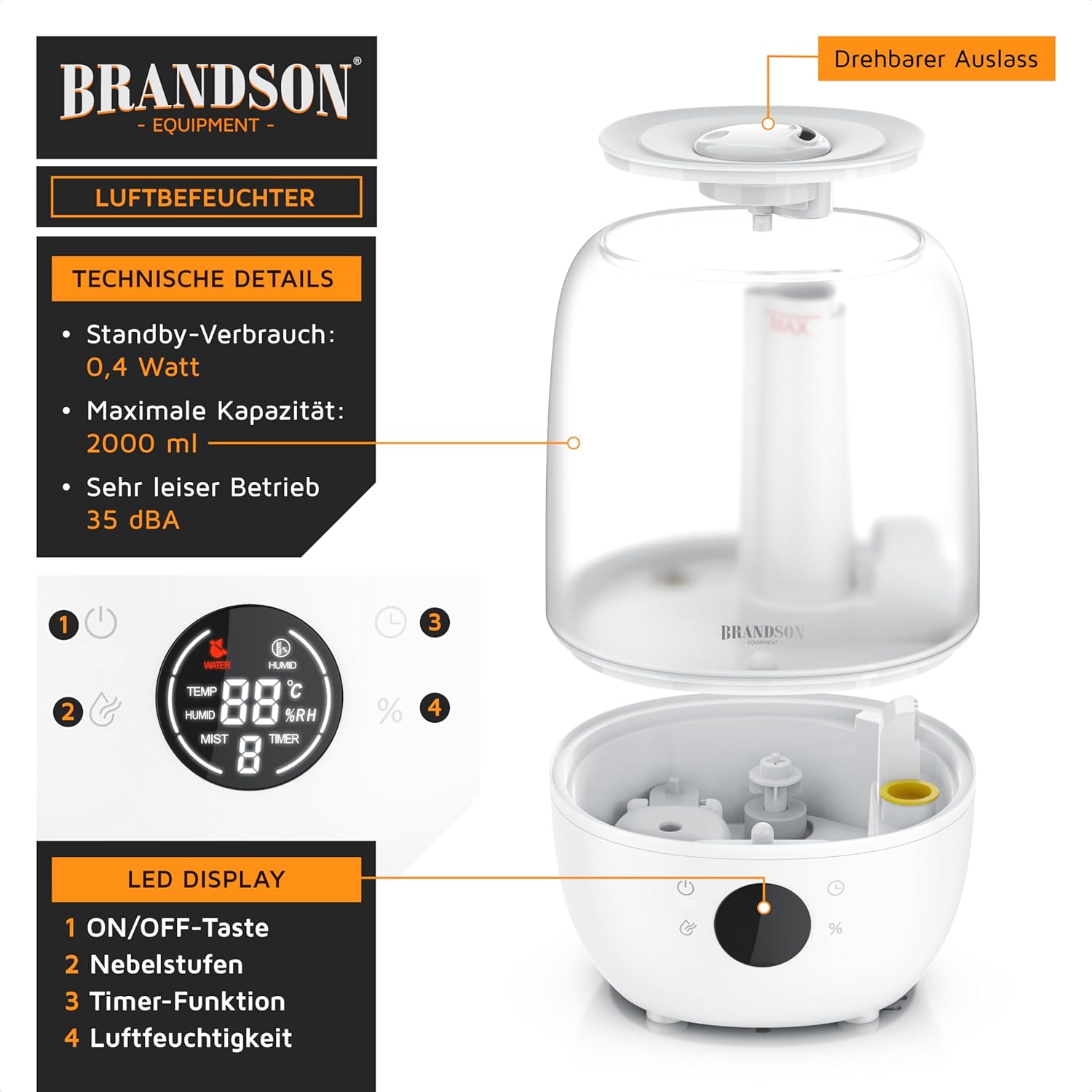 Brandson – Digitaler Luftbefeuchter mit Display – 2000 ml Volumen – Fernbedienung – 3 Nebelstufen – Timer – sehr leise – Schlafzimmer, Baby, Kinderzimmer, Büro – weißes, transparentes Design – Bild 4
