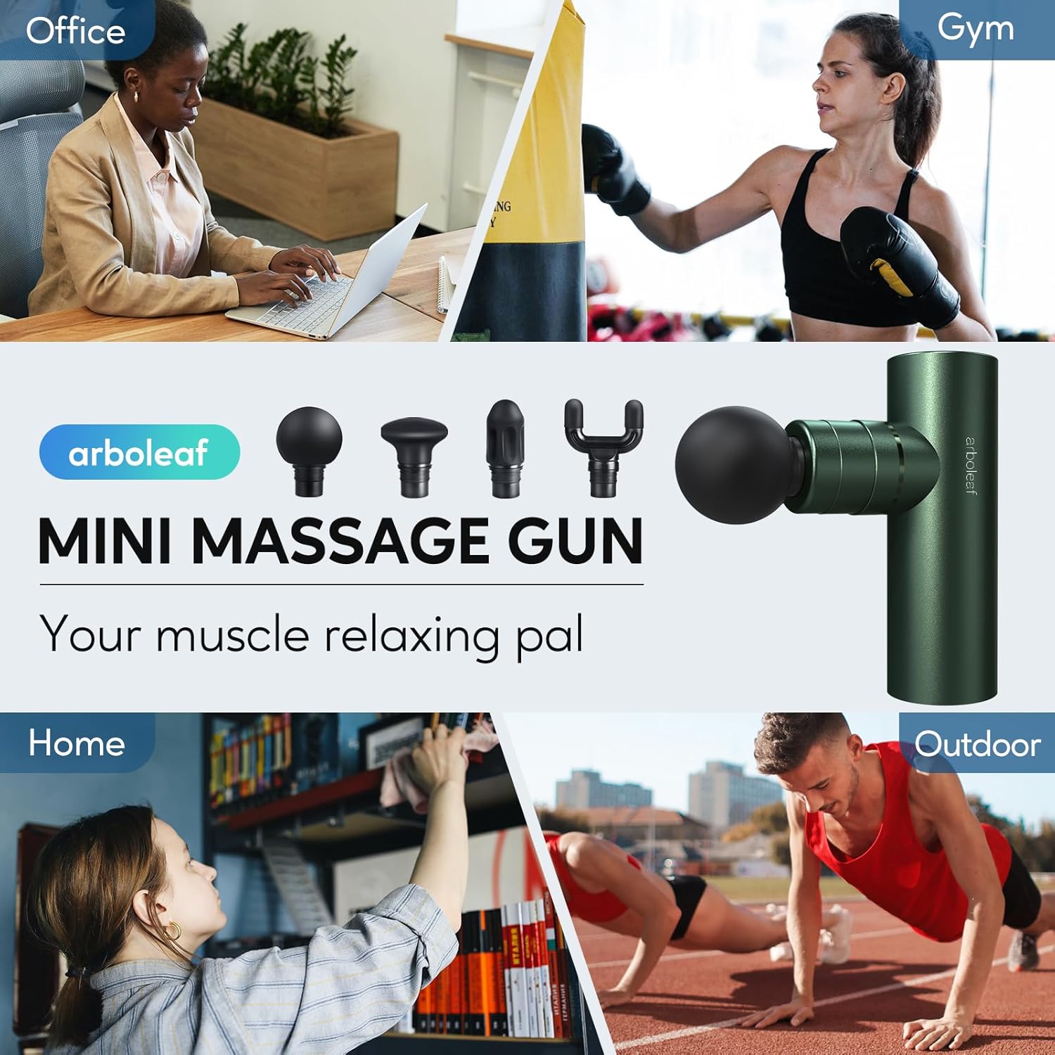 arboleaf Mini-Massagepistole, Massagepistole bis 3200 U/min, handliche Massagepistole 0,47 kg mit druckadaptiver Stufe und 4 Silikon-Massageköpfen, leise Muskelpistole mit Tasche, Muskelpistole USB-C (grün) – Bild 7