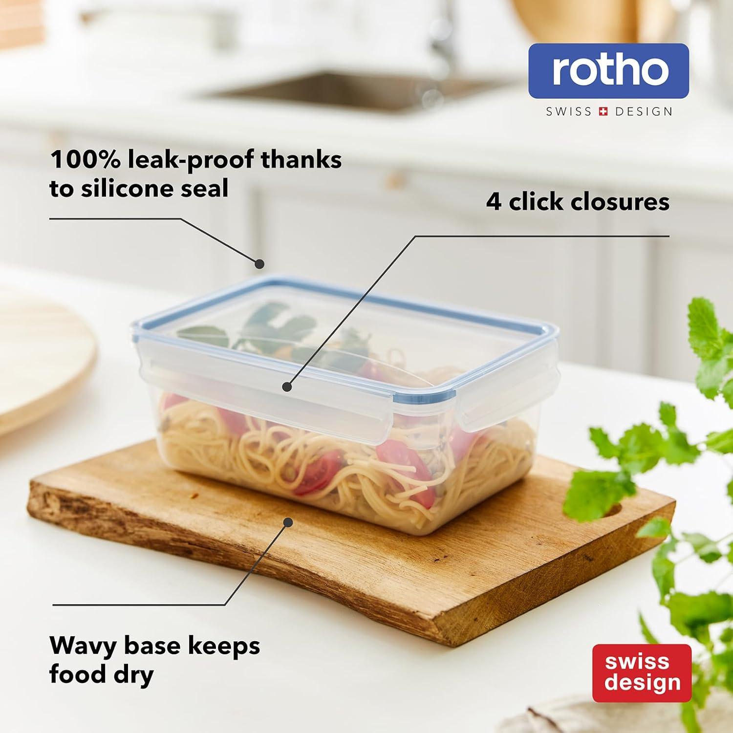 Rotho Clic & Lock 3er-Set Frischhaltedosen mit Deckel, 3 x 1,5 l, Clipverschluss mit Silikondichtung, luftdicht & auslaufsicher, spülmaschinenfest, mikrowellengeeignet, transparent/blau – Bild 6