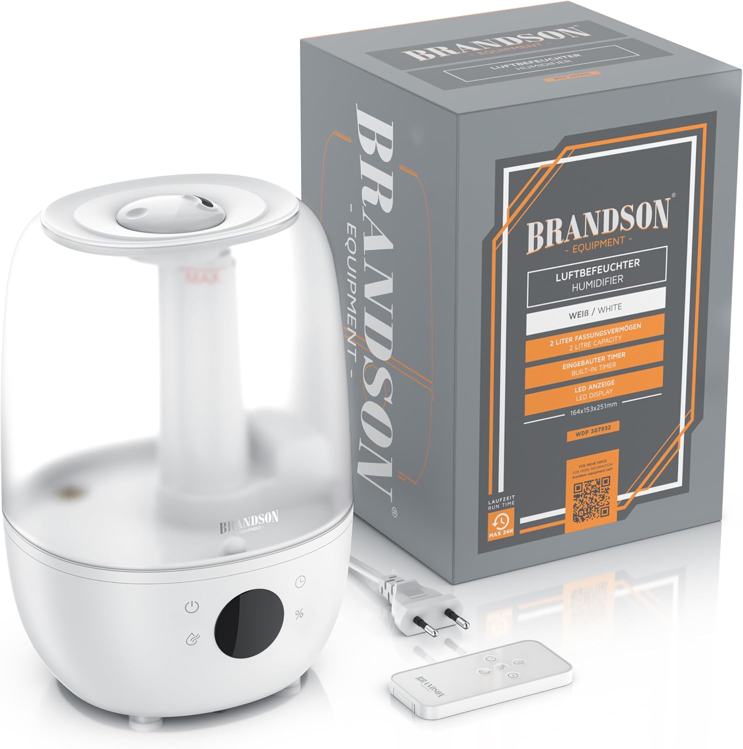 Brandson – Digitaler Luftbefeuchter mit Display – 2000 ml Volumen – Fernbedienung – 3 Nebelstufen – Timer – sehr leise – Schlafzimmer, Baby, Kinderzimmer, Büro – weißes, transparentes Design – Bild 7