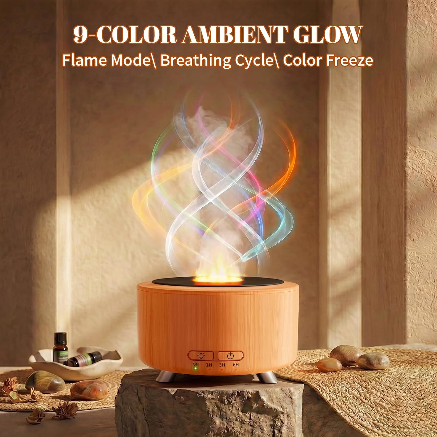 Aroma Diffuser für Ätherische Öle, 500ML Aromatherapie Öle Diffusor für Büro, Raum und Yoga, Ultraschall Diffusor mit Auto-Abschaltfunktion, 9-farbiges LED-Nachtlicht, helle Holzoptik – Bild 5