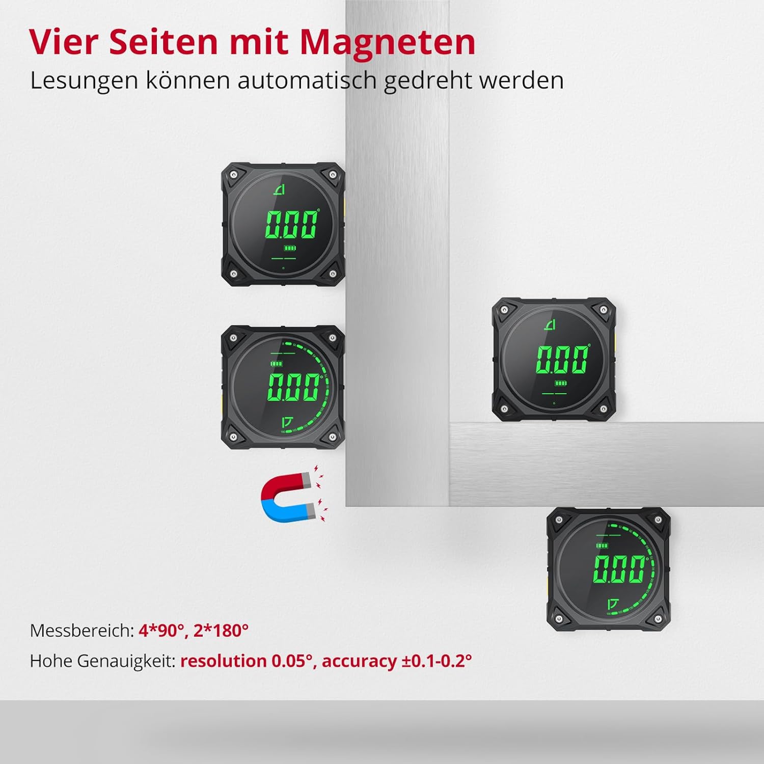 XUNTOP Digitaler Winkelmesser-Neigungsmesser mit LED-Anzeige, vierseitig magnetisch, Typ C, für Holzbearbeitung, Werkstätten, Außenbereich – Bild 3