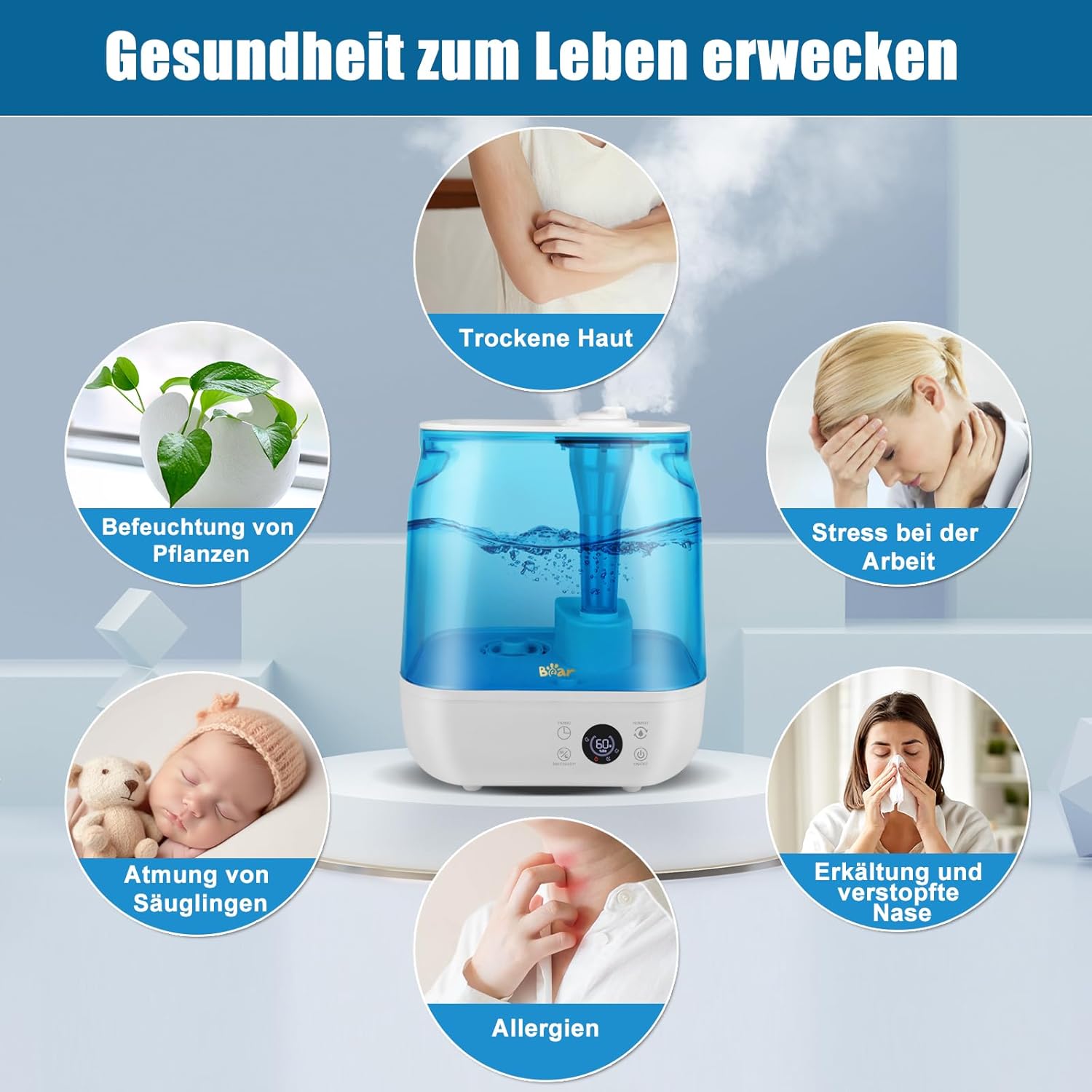 Bear Luftbefeuchter 6L Top Fill Luftbefeuchter, Timer, Schlafmodus, konstante Luftfeuchtigkeit, Aromascheibe, 360° drehbare Doppeldüse, 28 dB Ultra Silent, geeignet für Babys und Pflanzen – Bild 5