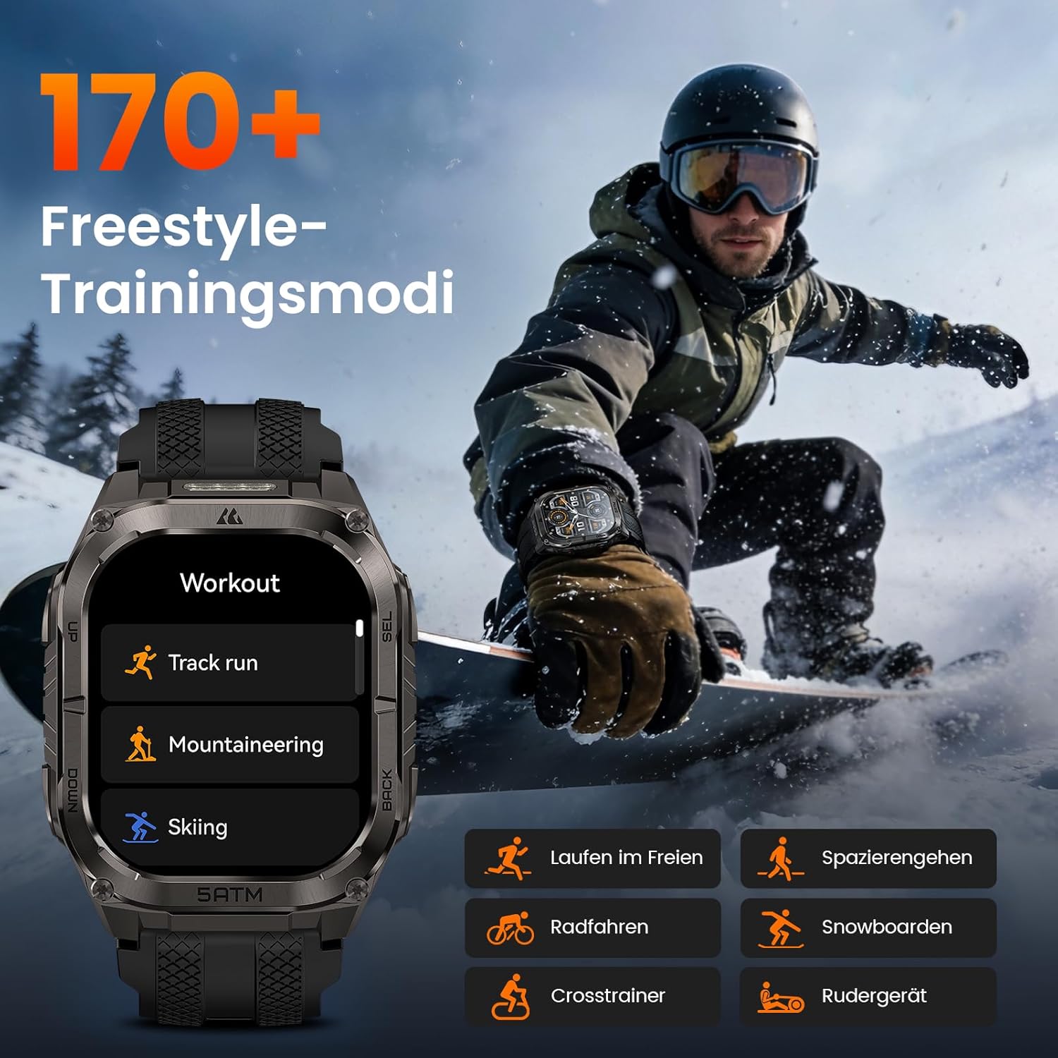 KOSPET Tank M4C Herren-Smartwatch mit LED, 1,96 Zoll AMOLED, Dualband-GPS & Kompass, ultralange Akkulaufzeit, 24/7 Herzfrequenz- & Schlaf-Tracking, 50 m wasserdicht, Bluetooth, Android & iOS (Schwarz) – Bild 8