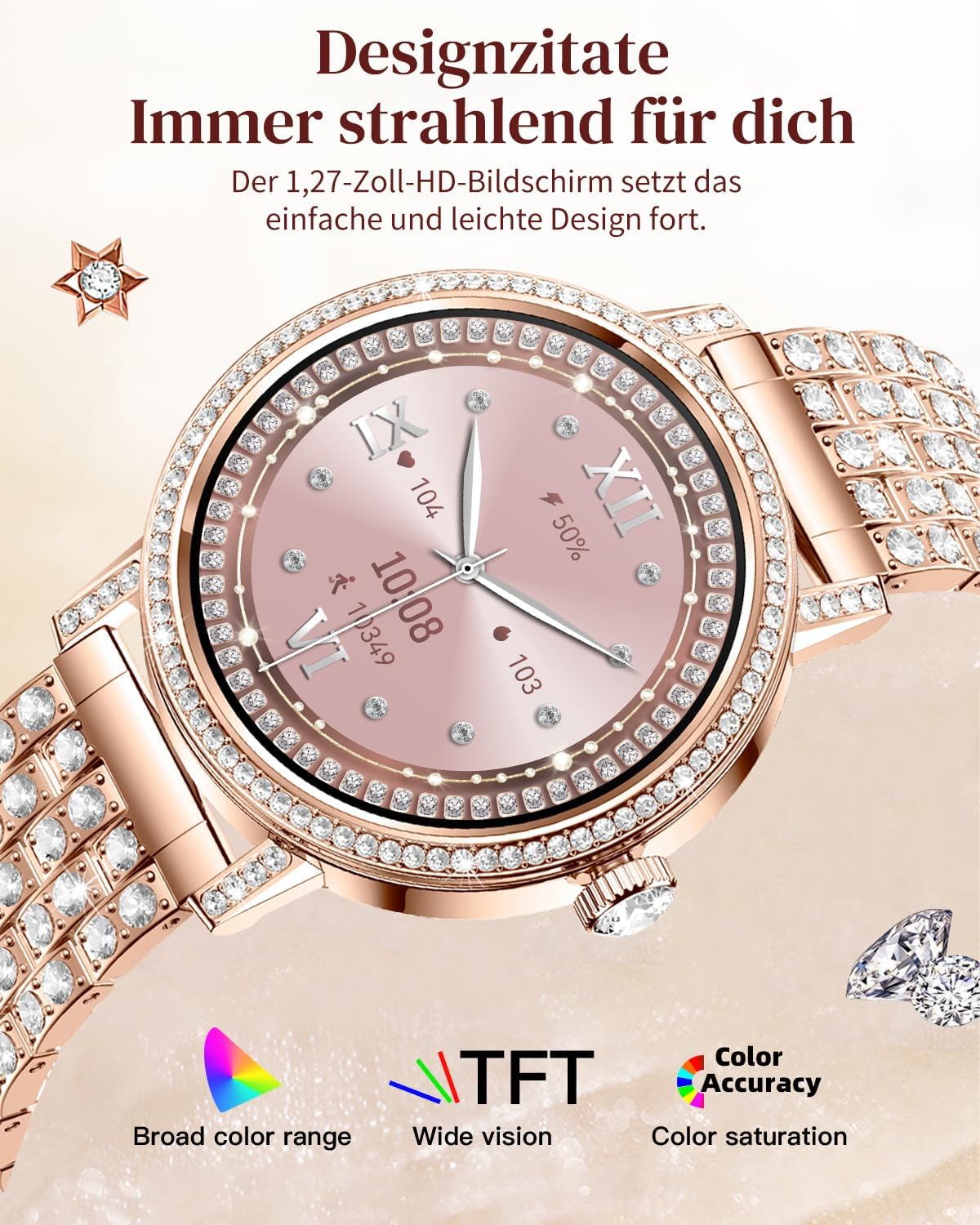 Female Diamond Smartwatch, Bluetooth-Anrufe (Annehmen und Anrufe)/Schlaf-/Herzfrequenz-Smartwatch mit 1,27-Zoll-HD-Display, Fitness-Tracker für Android und iOS – Bild 4