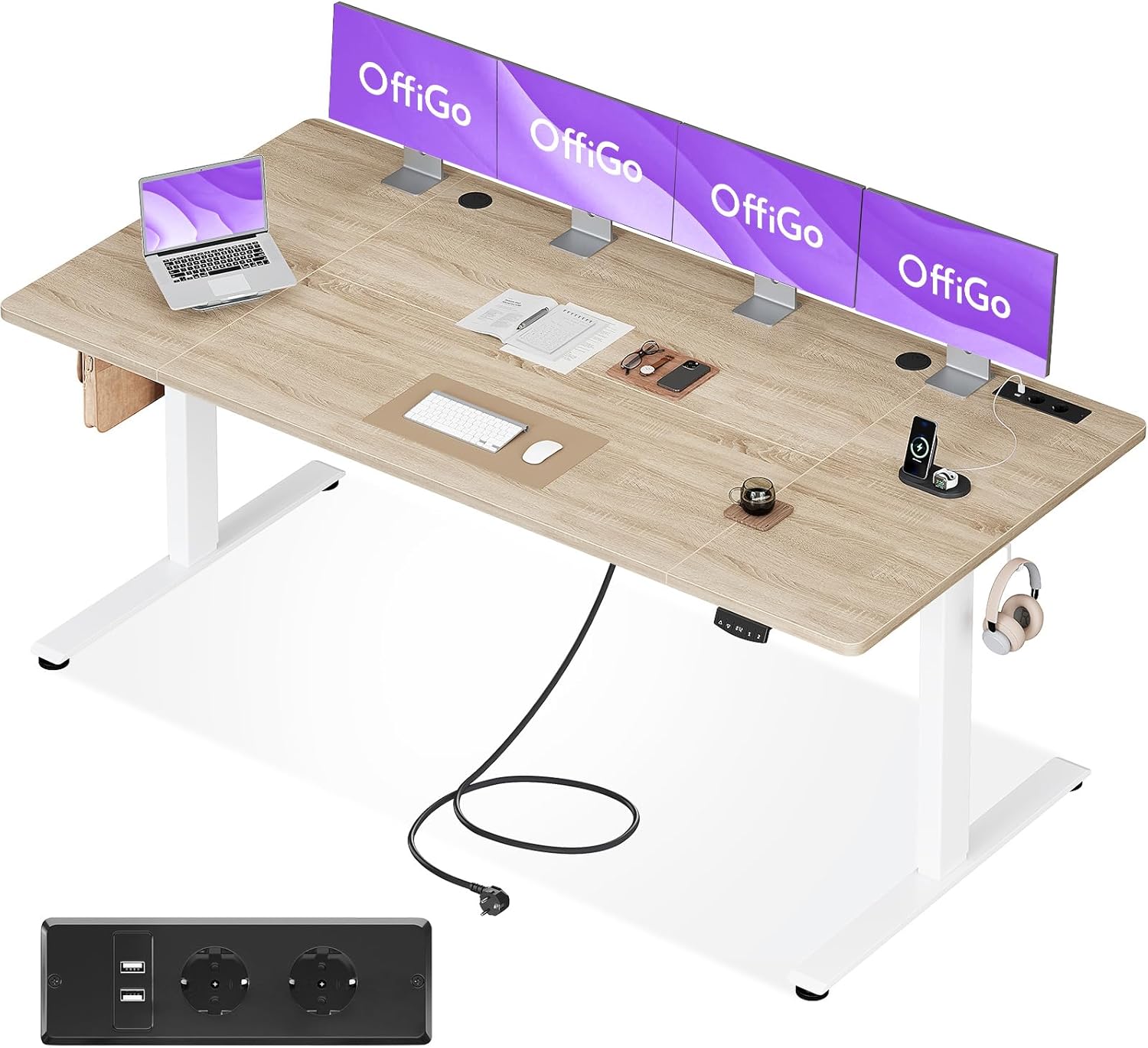 OffiGo höhenverstellbarer Schreibtisch, 200 x 80 cm, elektrischer Schreibtisch mit Steckdosen und USB-Ladeanschluss, Tisch höhenverstellbar mit 2 Memory-Funktionen, Computertisch für Büro, Zuhause, Beige