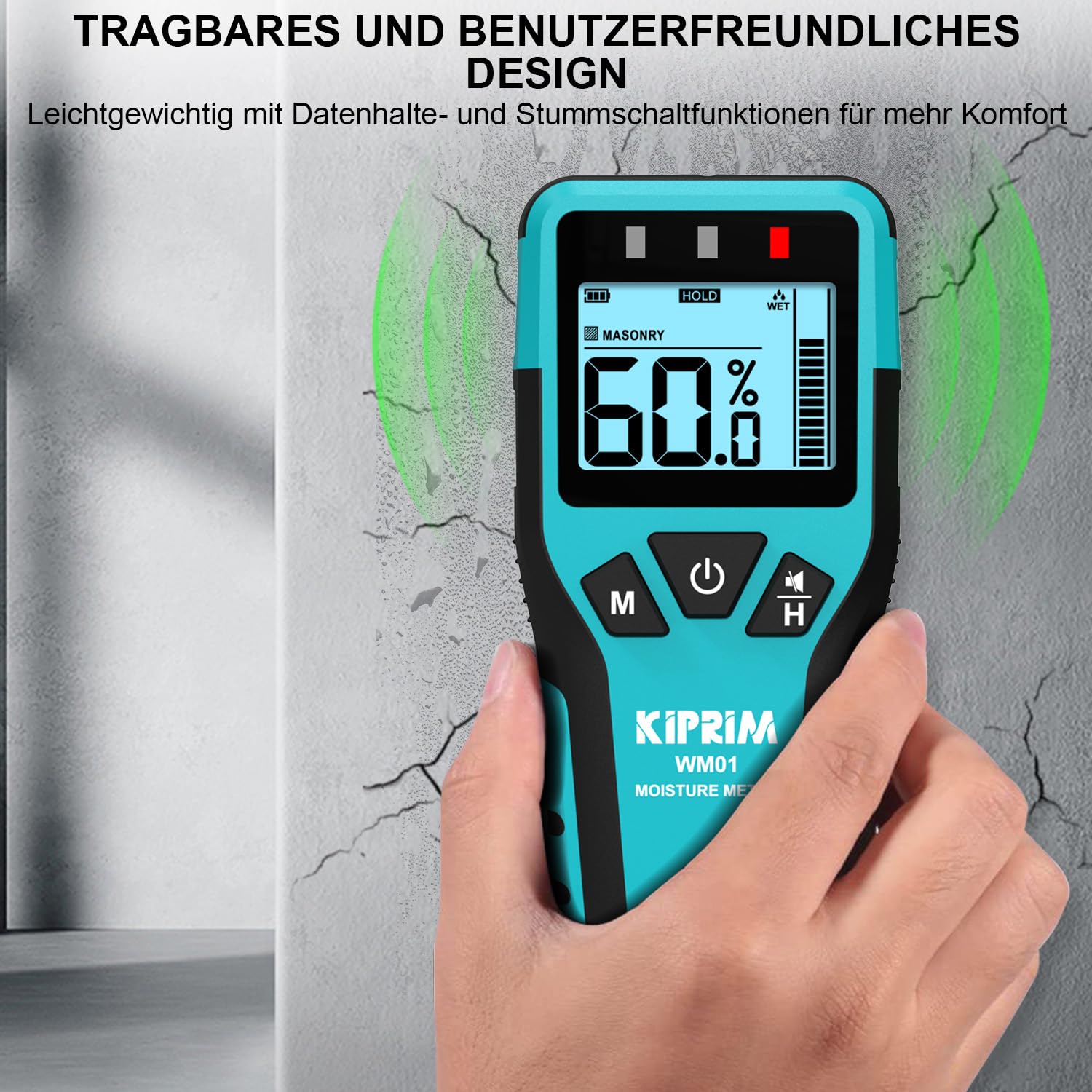 Kiprim WM01 Pinless Wandfeuchtemessgerät für Holz, Wände, Mauerwerk – Präzise zerstörungsfreie Messung mit 4 Modi, Datenspeicherung und Stummschaltung – Bild 7