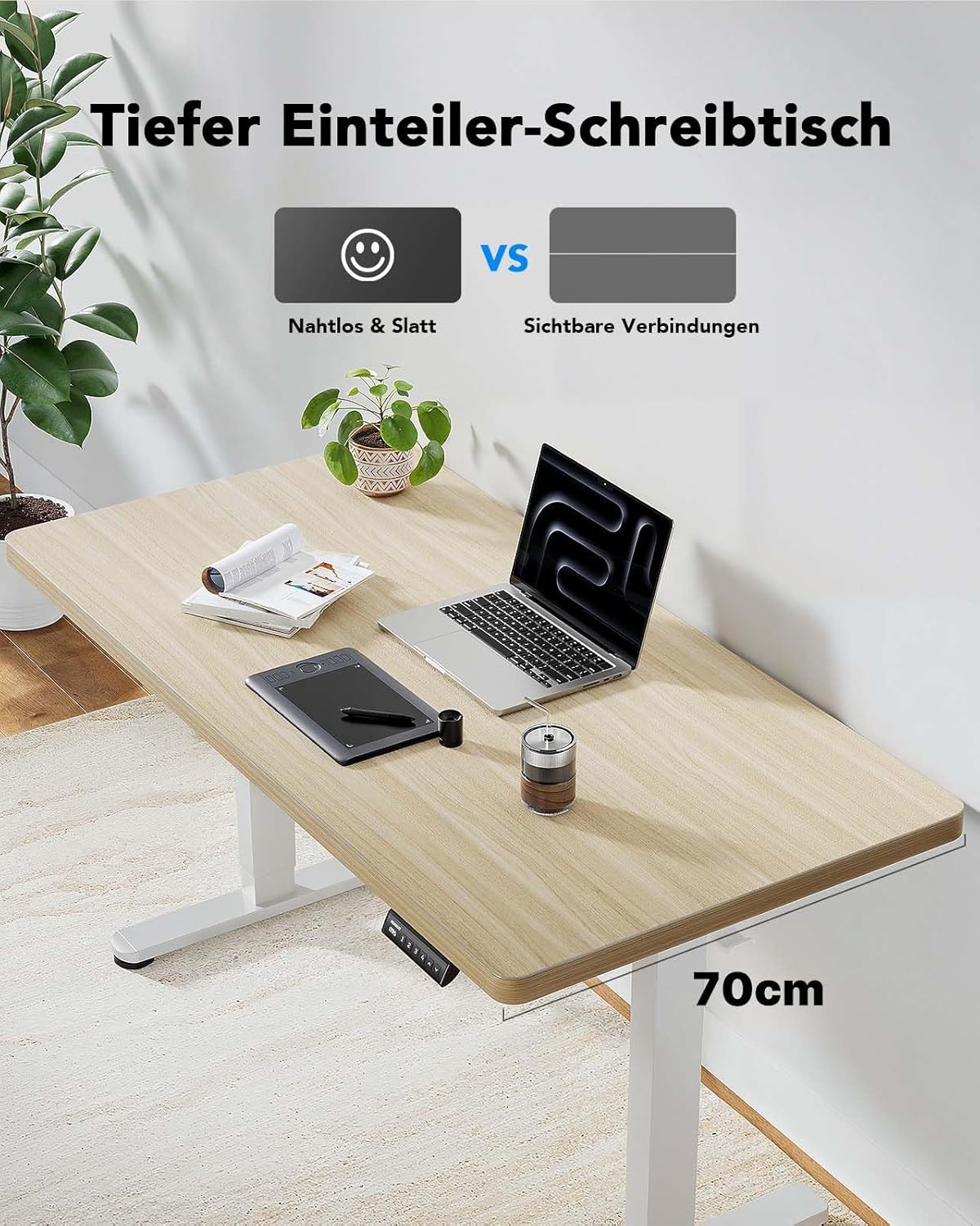 HUANUO Höhenverstellbarer Schreibtisch, 140 x 70 cm, 25 mm, ganze Tischplatte mit bürstenlosem Motor, ergonomischer Stehsitz, Tisch, Stehpult, einfache Montage, elektrischer Stehpult für Heimbüro – Bild 3