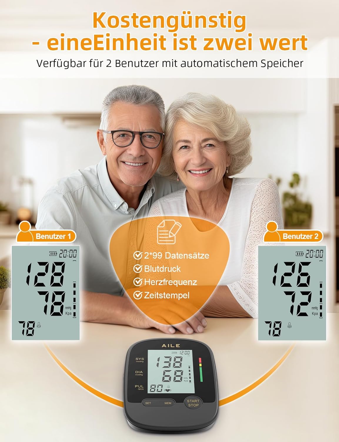Oberarm-Blutdruckmessgerät für den Heimgebrauch: Digitales AILE-Blutdruckmessgerät mit verstellbarer großer Manschette (22–42 cm), automatisches Bluthochdruckmessgerät, Ein-Knopf-Bedienung – Bild 3