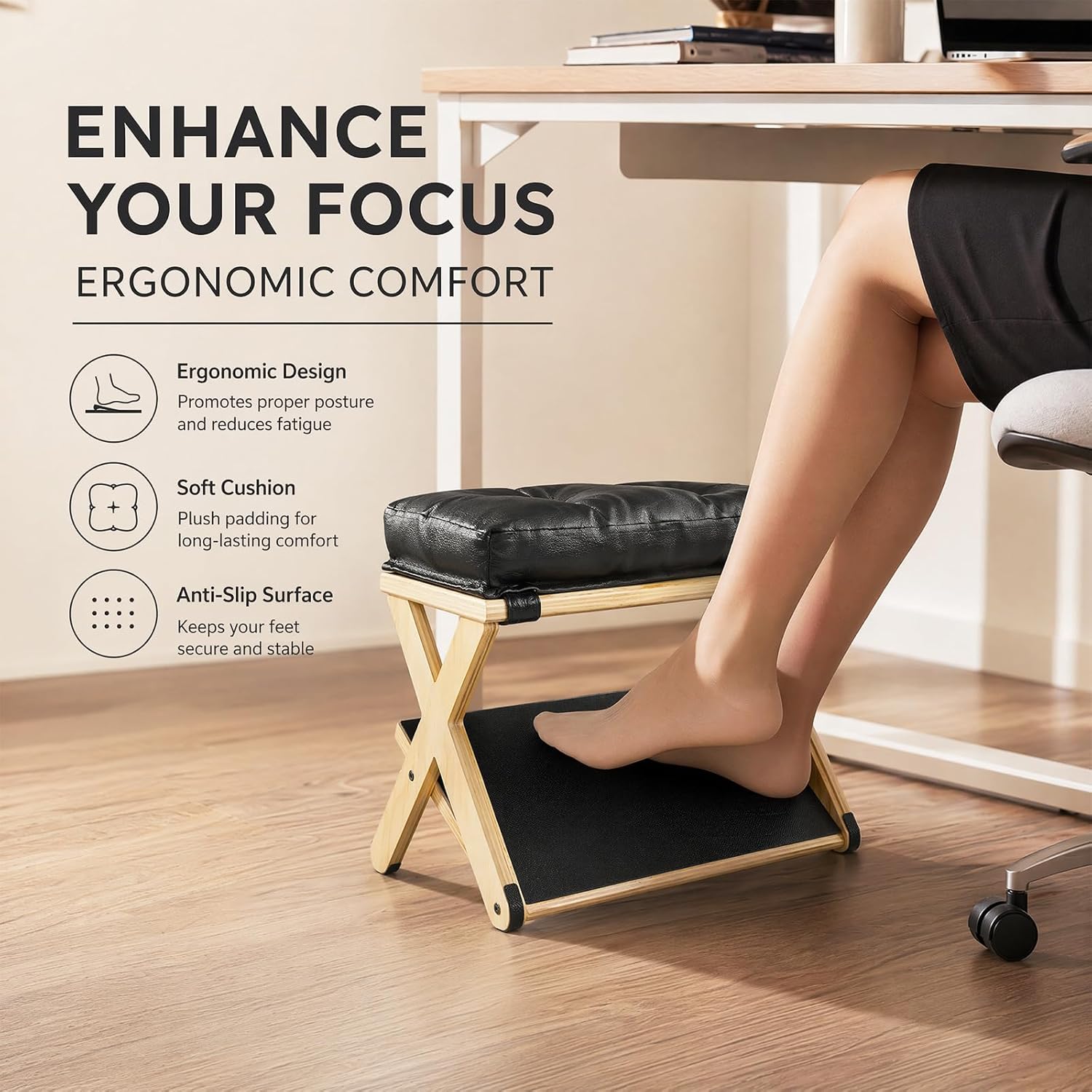 2-in-1 Fußstütze Schreibtisch, Ergonomischer Fußablage aus Holz, Rutschfeste Fußablage Fußhocker mit abnehmbarem Weichenpolster, Premium Fußbank Fußstütze für Zuhause Büro – Bild 7