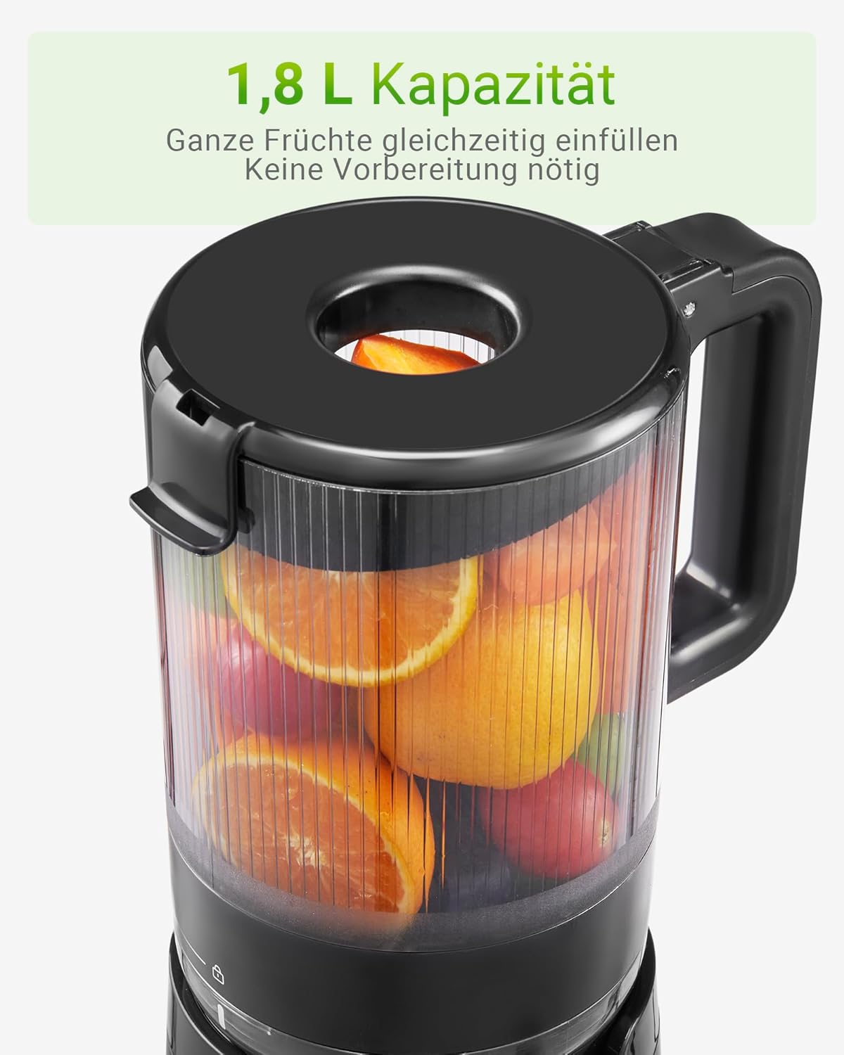 TUUMIIST Slow Juicer mit 135 mm extra großem Einfüllschacht, Entsafter Gemüse und Obst, Testsieger, anwendbar für ganzes Obst und Gemüse, leicht zu reinigen, hohe Saftausbeute, schwarz glänzend – Bild 3