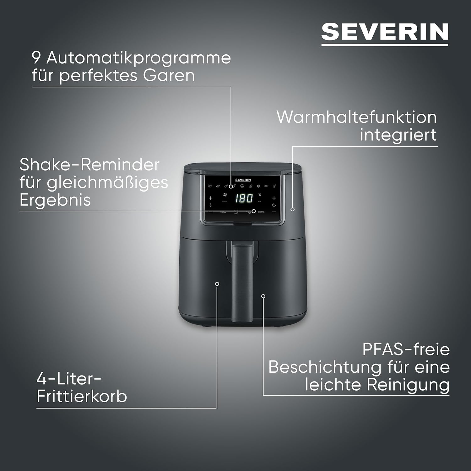 Severin Heißluftfritteuse, Single, Fritteuse zum Kochen ohne Fett, Touch-Display, 8 Automatikprogramme, vielseitige Zubereitung, Warmhaltefunktion, 4L, 1300W, Schwarz, FryLight, FR 2461 – Bild 2
