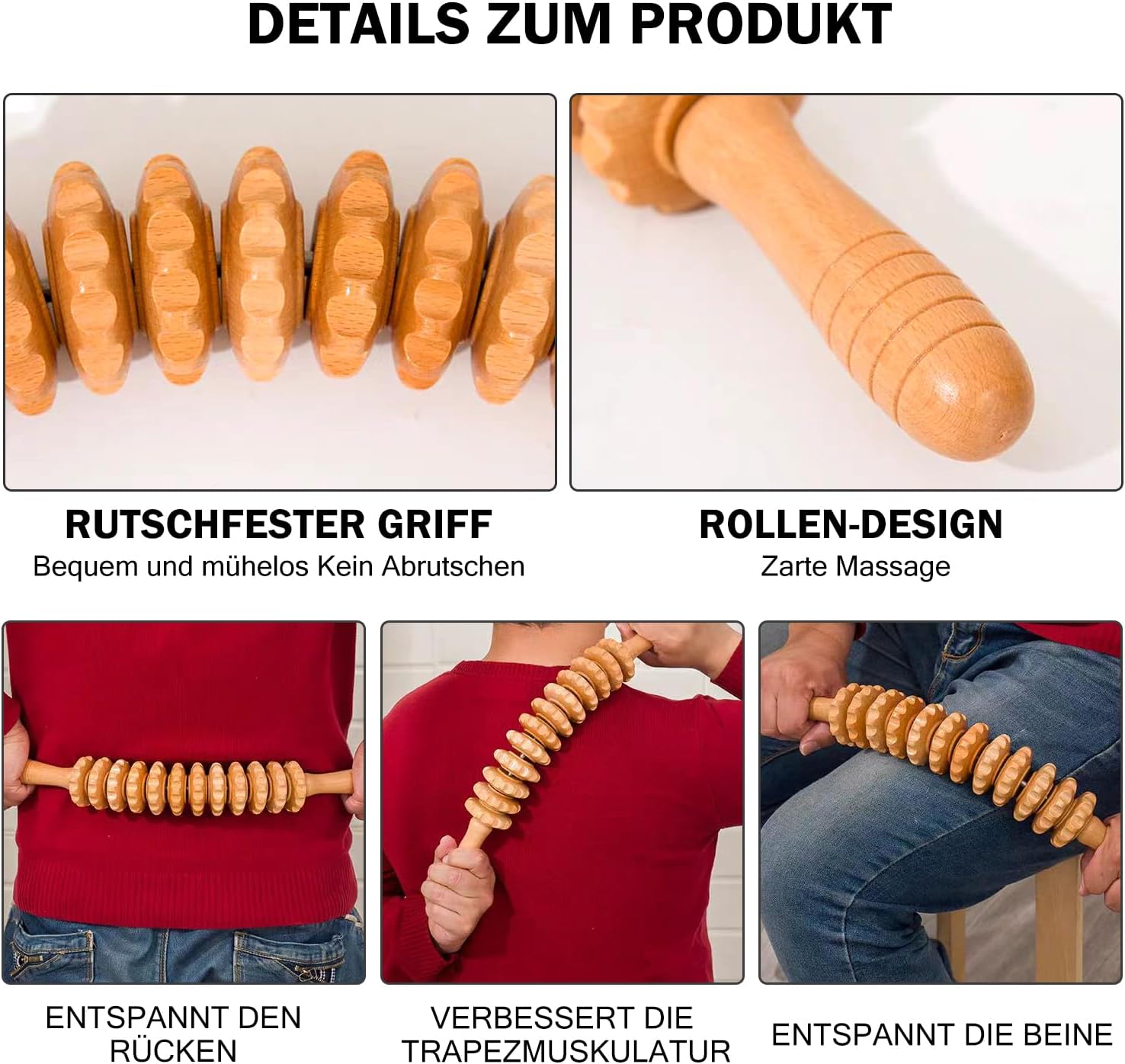 Massageroller Stick & Faszienrolle Holz, Massagestab zur Faszienmassage und Muskelentspannung, Massagegerät für Rücken, Nacken, Beine und Muskelregeneration (A) – Bild 3
