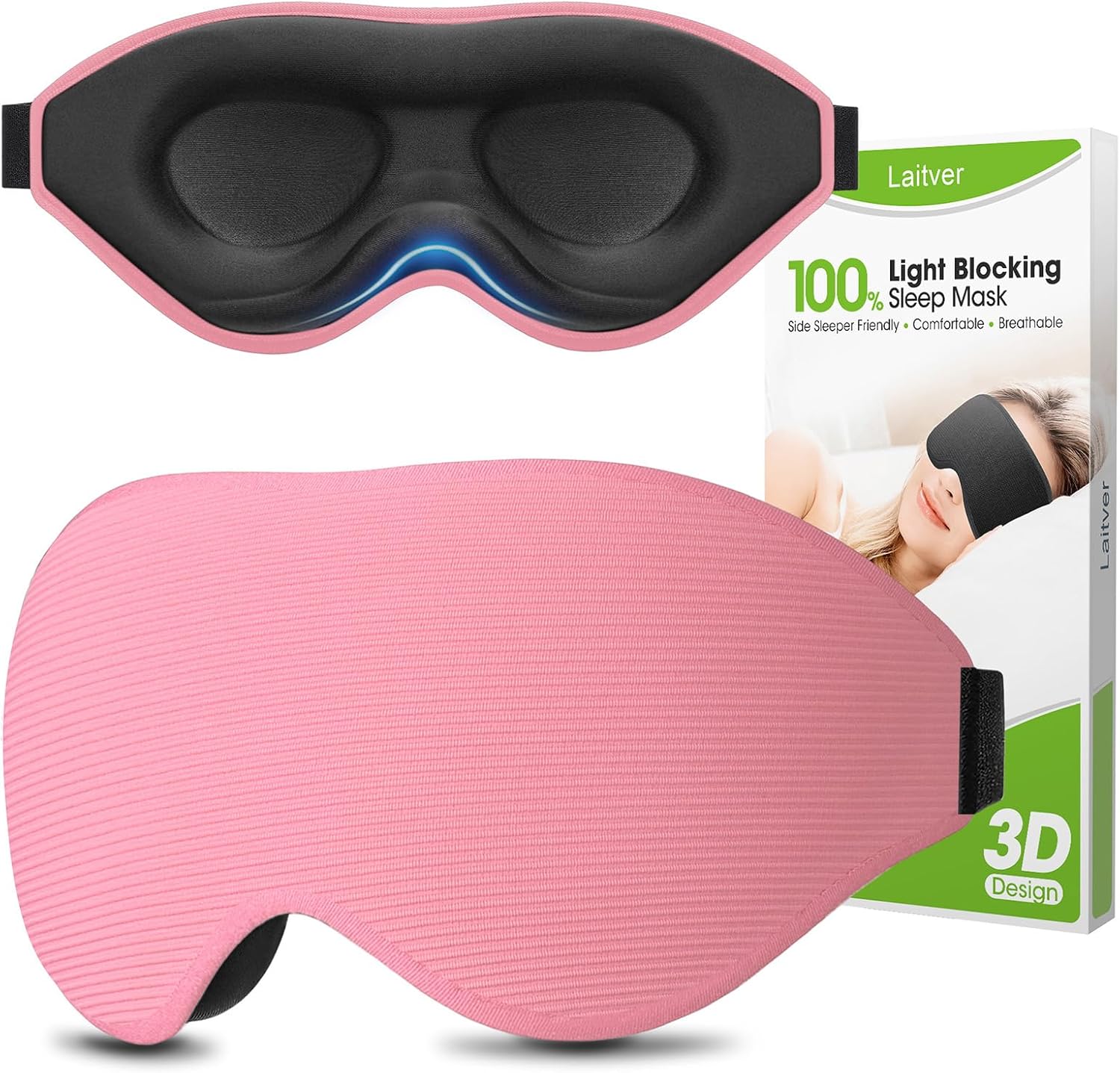 Schlafmaske für Seitenschläfer, Laitver 2025, aktualisiertes Design, 3D-Lichtblockierende Augenmaske für Damen und Herren, bequem und atmungsaktiv, druckfreie Schlafmaske mit verstellbarem Gummiband, Rosa