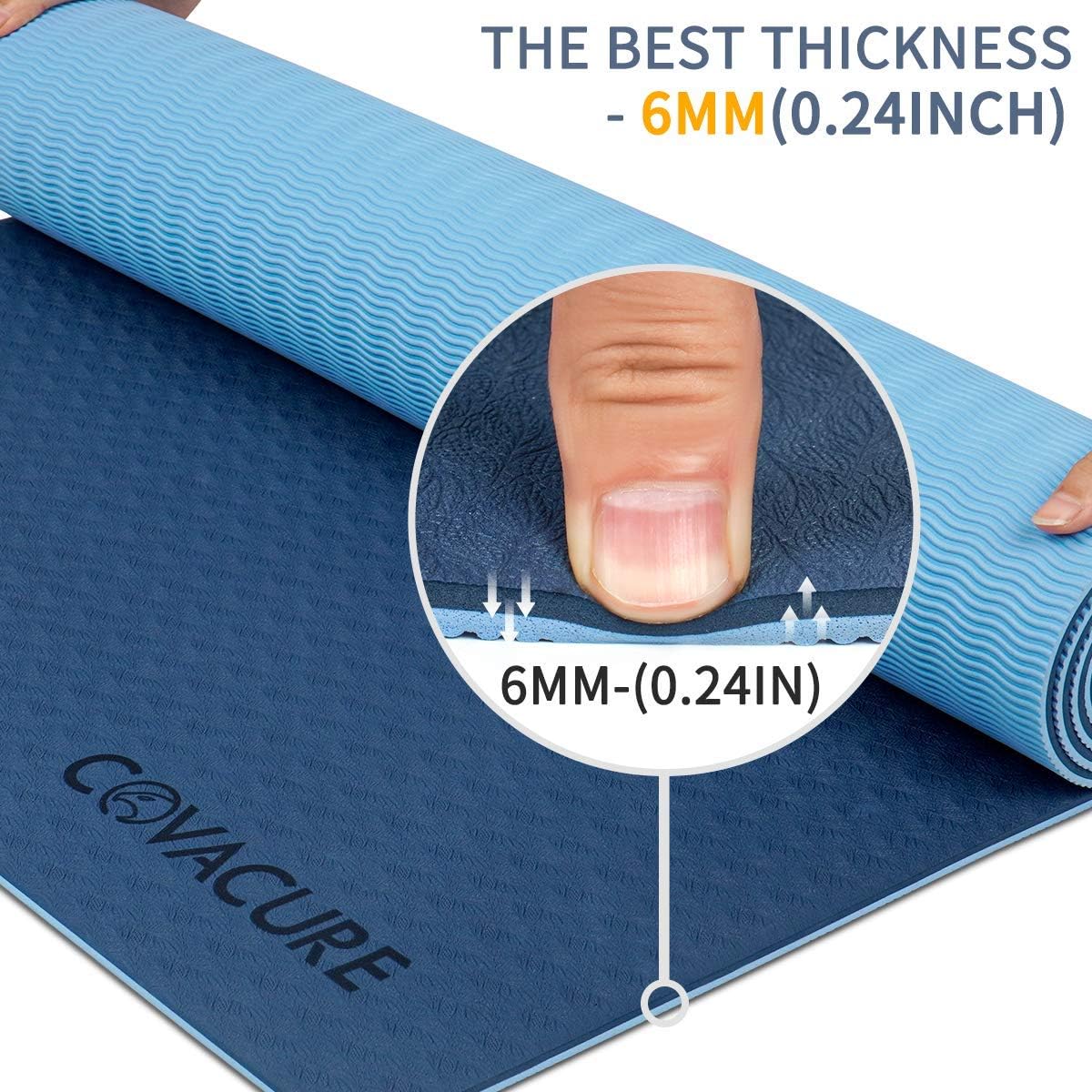 Covacure Matte für Yoga, Pilates, Gymnastik, Sport, Fitness, TPE, rutschfest, leicht, langlebig, mit Tragegurt, 183 x 66 x 0,6 cm, Blau – Bild 2