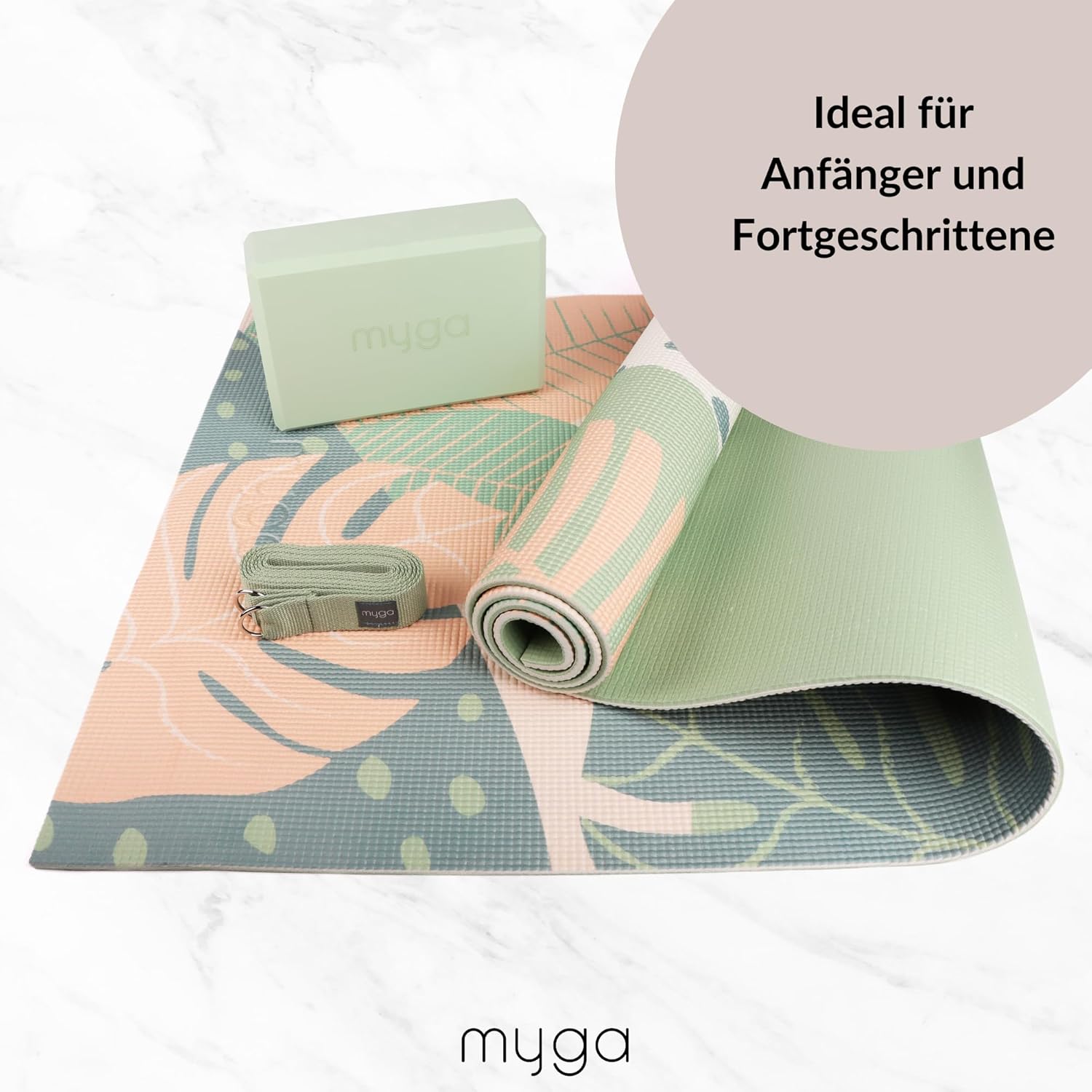 Myga Yoga Starter Kit, Komplettset mit Yogamatte, Yogablock & Gurt, rutschfest & unterstützend, ideal für Anfänger & Zuhause sowie auf Reisen, verschiedene Druckdesigns – Bild 3