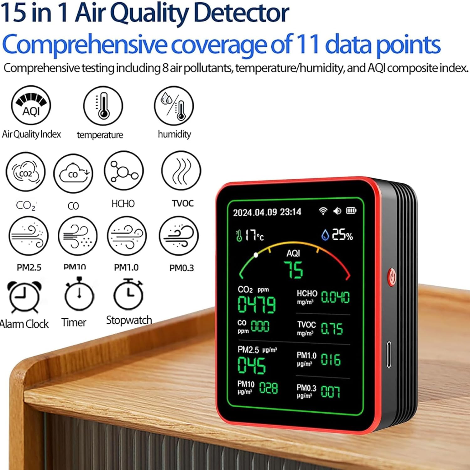 15-in-1-Luftqualitätsmonitor, tragbarer WiFi-Luftqualitätsmessgerät-Detektor mit CO2-TVOC-HCHO-PM2,5-Temperatur-Feuchtigkeitserkennung, 2,8-Zoll-LCD-Digitalanzeige für Zuhause (Schwarz + Rot) – Bild 2
