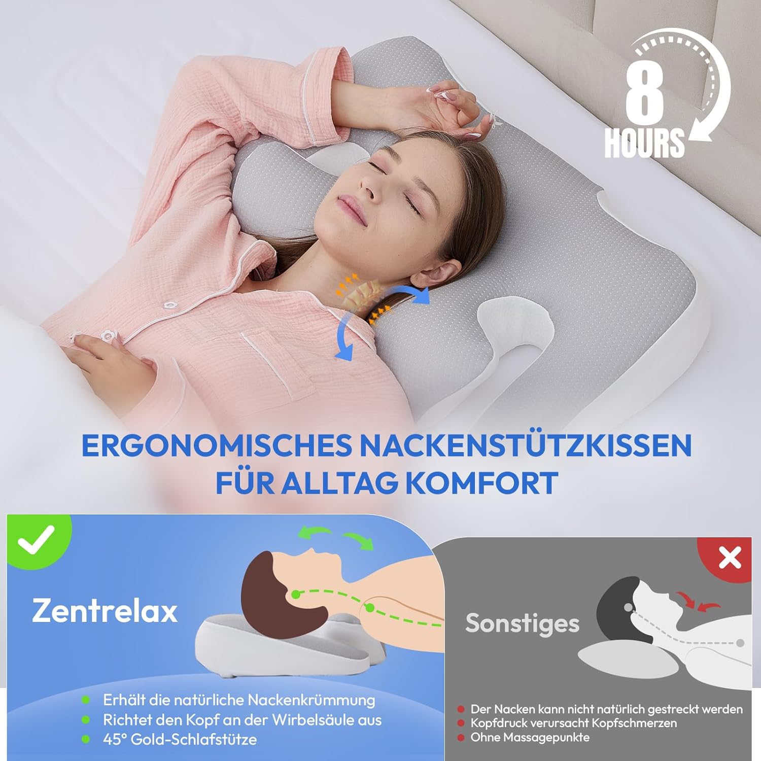 Nackenkissen, Memory-Schaum-Kissen: 60 x 40 cm, orthopädisches Kissen mit abnehmbarem Bezug – Nackenstützkissen für Schlafkomfort – ergonomisches Kissen für Rücken- und Bauchschläfer – Bild 5
