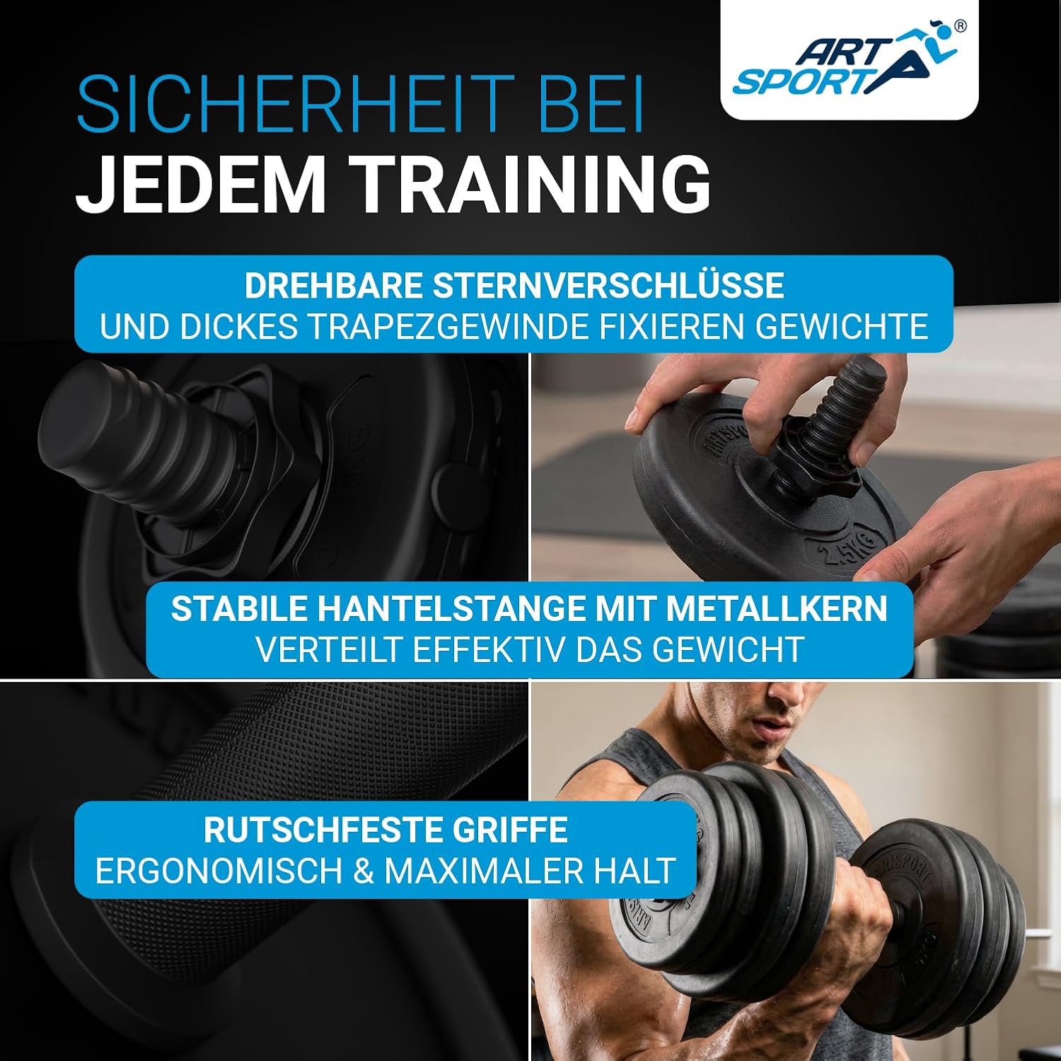 ArtSport 2er-Hantelset 20/30/40 kg – Hantelset mit 2 Hanteln, Gewichten und 4 Spinlock-Kragen – Bild 4