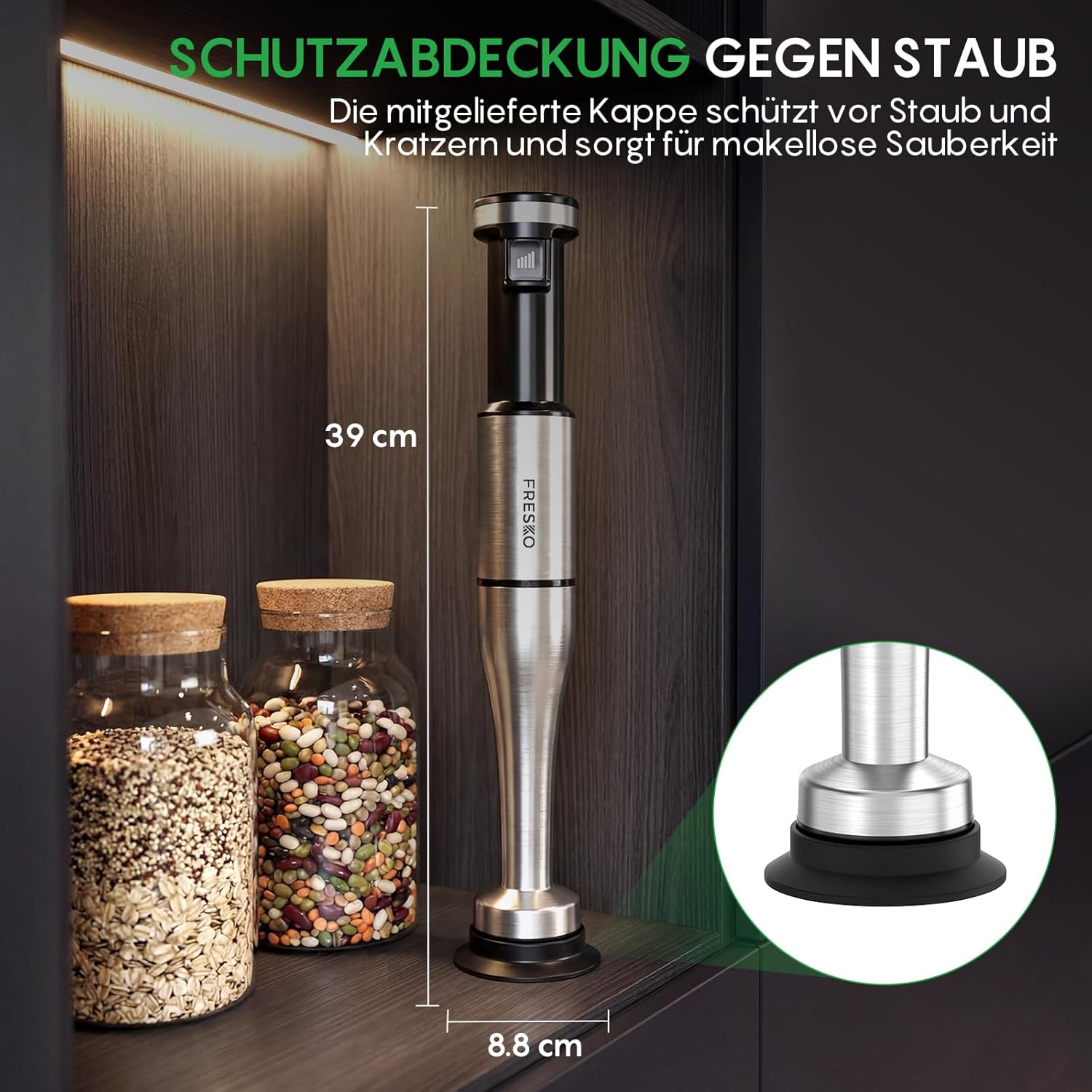 FRESKO Stabmixer 1000 W mit Zubehörset, Pürierstab aus Edelstahl inklusive Schneebesen, 500 ml Lebensmittelzerkleinerer, Messbecher mit Deckel und Schutzhülle, stufenlose Geschwindigkeiten für Smoothies, Suppe – Bild 7