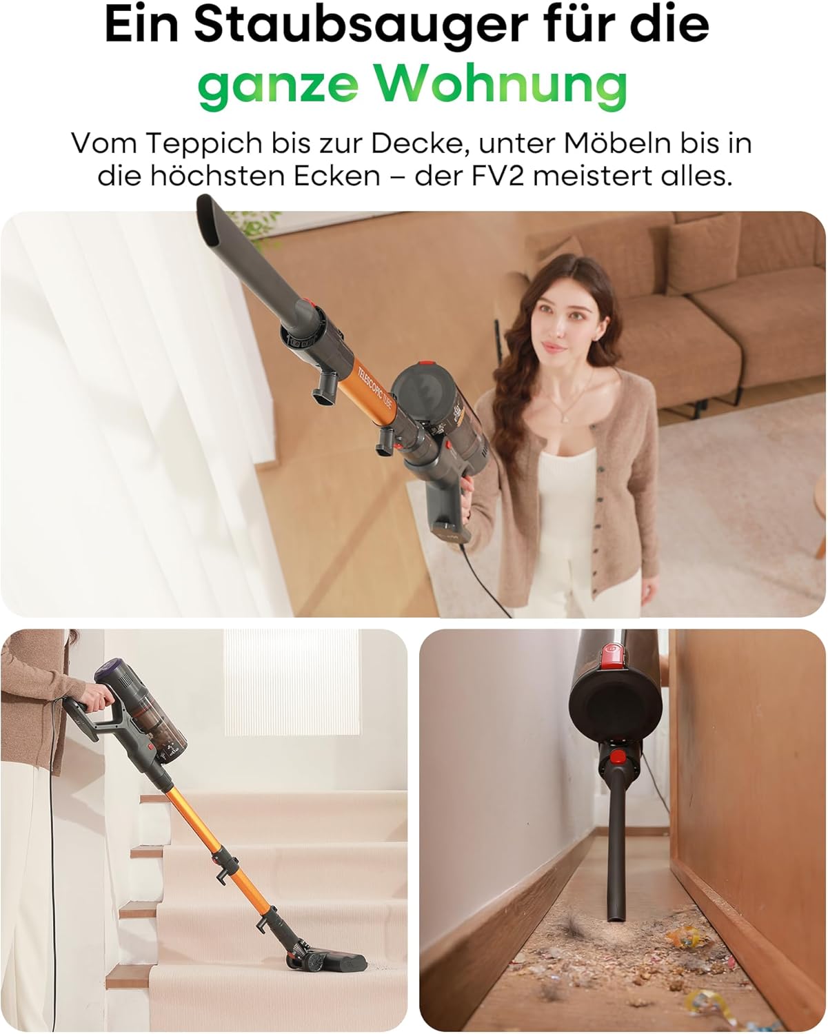 FAMIVAC FV2 Staubsauger mit Kabel, 65Kpa/600W Staubsauger Beutellos mit Matratzenbürste, 1,3KG Leichtgewicht, 7M Kabel, 60dB Leise, 1,5L, Selbststehend, Anti-Tangle-Bürste für Teppich/Boden/Tierhaare – Bild 10