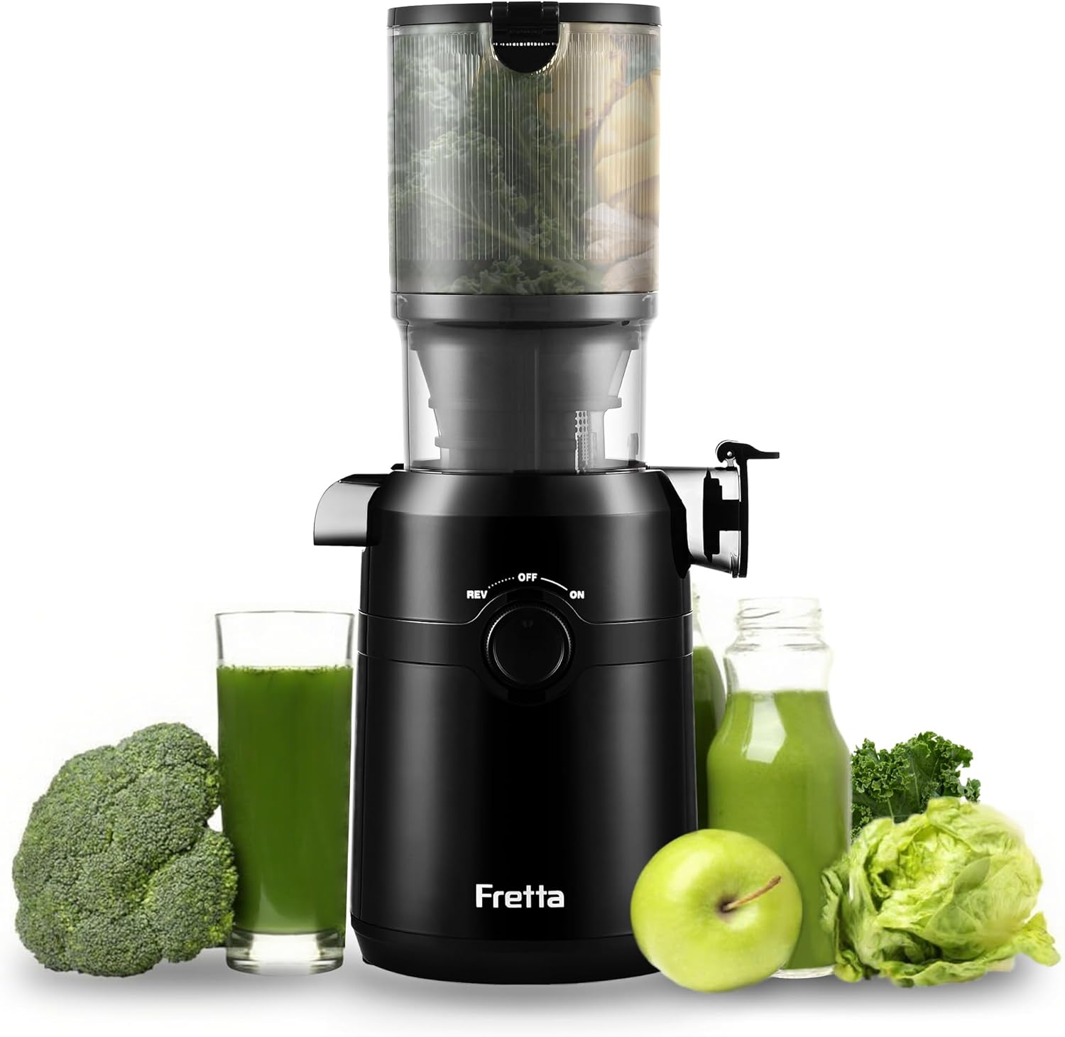 Fretta Entsafter, Slow Juicer mit 108 mm Breite und größerem Einfüllrohr, Füllvolumen für ganzes Gemüse und Obst, BPA-freier Entsafter aus Tritan-Material, einfache Installation, 200 W