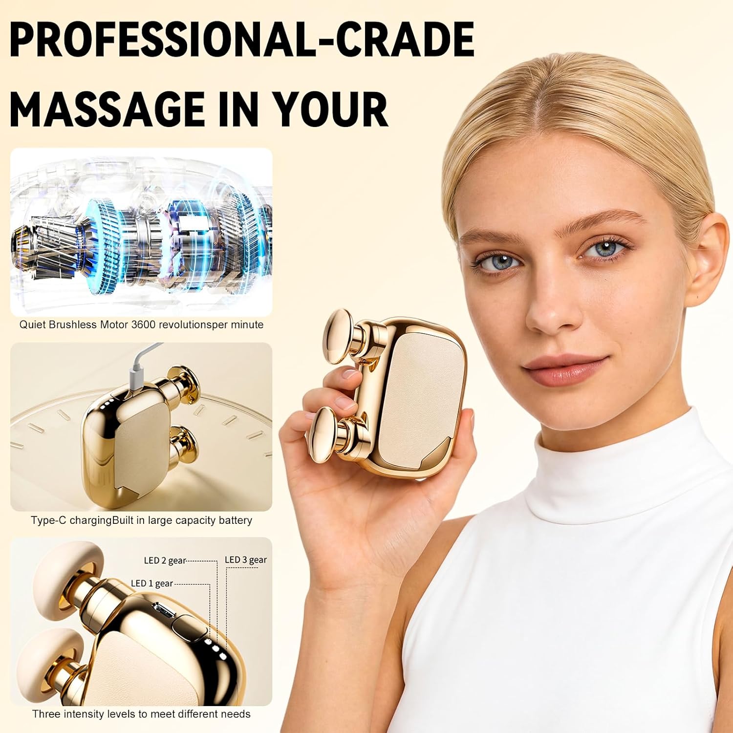 ZONSUSE Mini tragbare Massagepistole, kompakte Muskelmassagepistole, Reisemassagepistole, für Sport, Zuhause, Büro, Ausflüge, sofortige Linderung von Muskelermüdung, Geschenk für Männer und Frauen (Gold) – Bild 4
