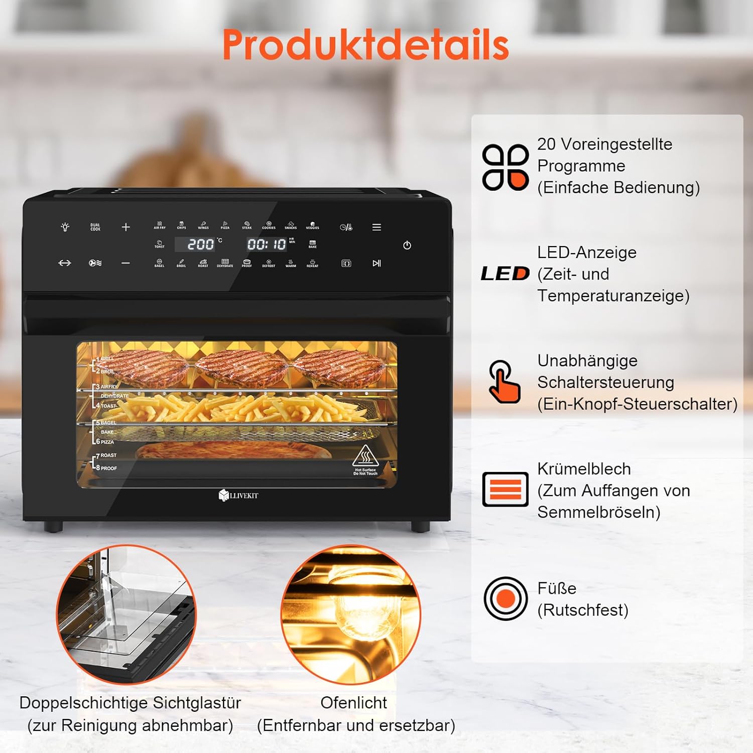 LLIVEKIT 30 L XXL Heißluftfritteuse, Mini-Ofen Konvektionsluft mit 20 Programmen und 9 Zubehörteilen, Mini-Ofen mit LED-Touchscreen, Airfryer-Ofen ohne Öl mit Sichtfenster, zwei Kochmodi, Rezeptbuch, 80 °C – 230 °C – Bild 2