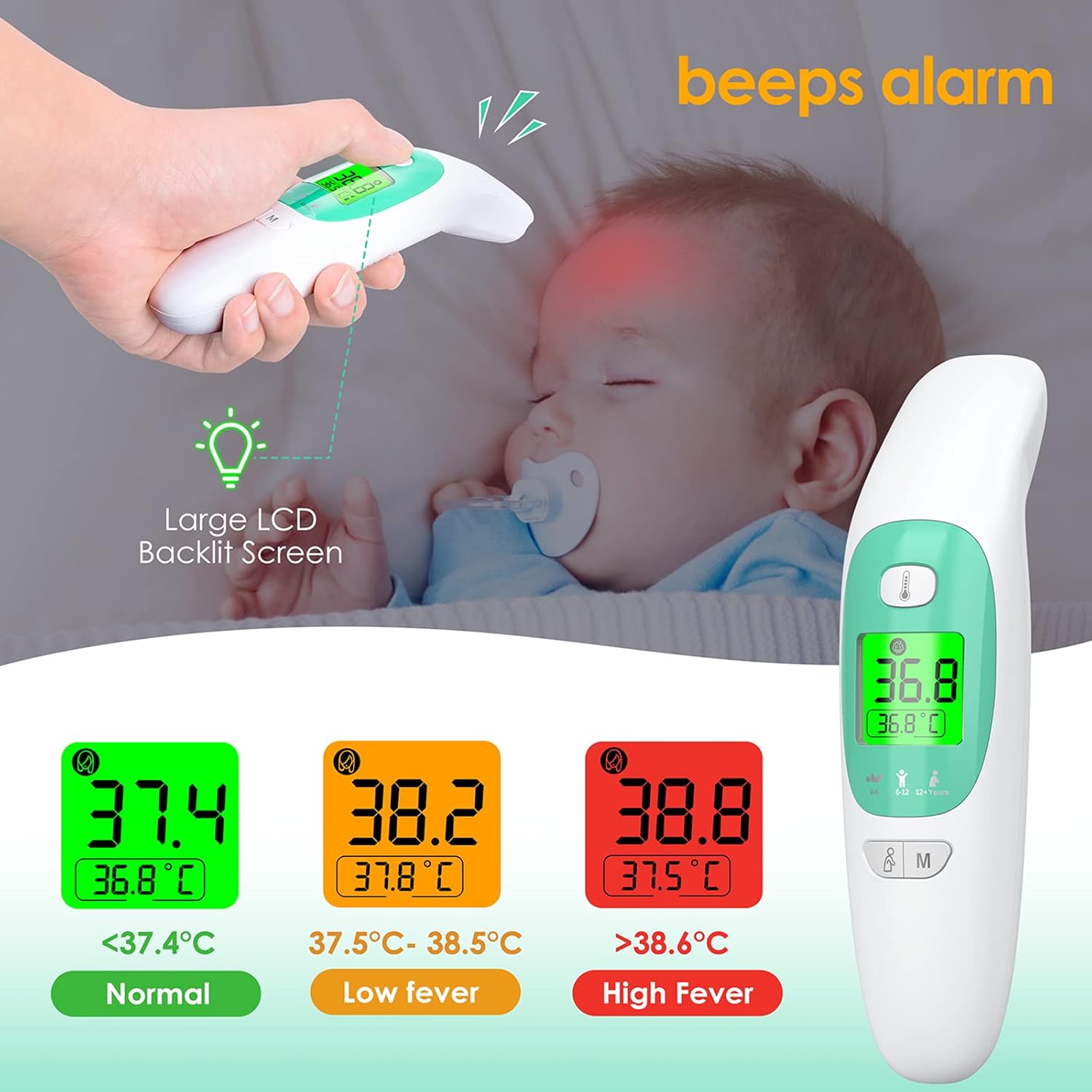 Thermometer, berührungsloses Stirn- und Ohrthermometer, digitales medizinisches Thermometer für Erwachsene, Kinder und Babys, mit Hochtemperaturalarm – Bild 3