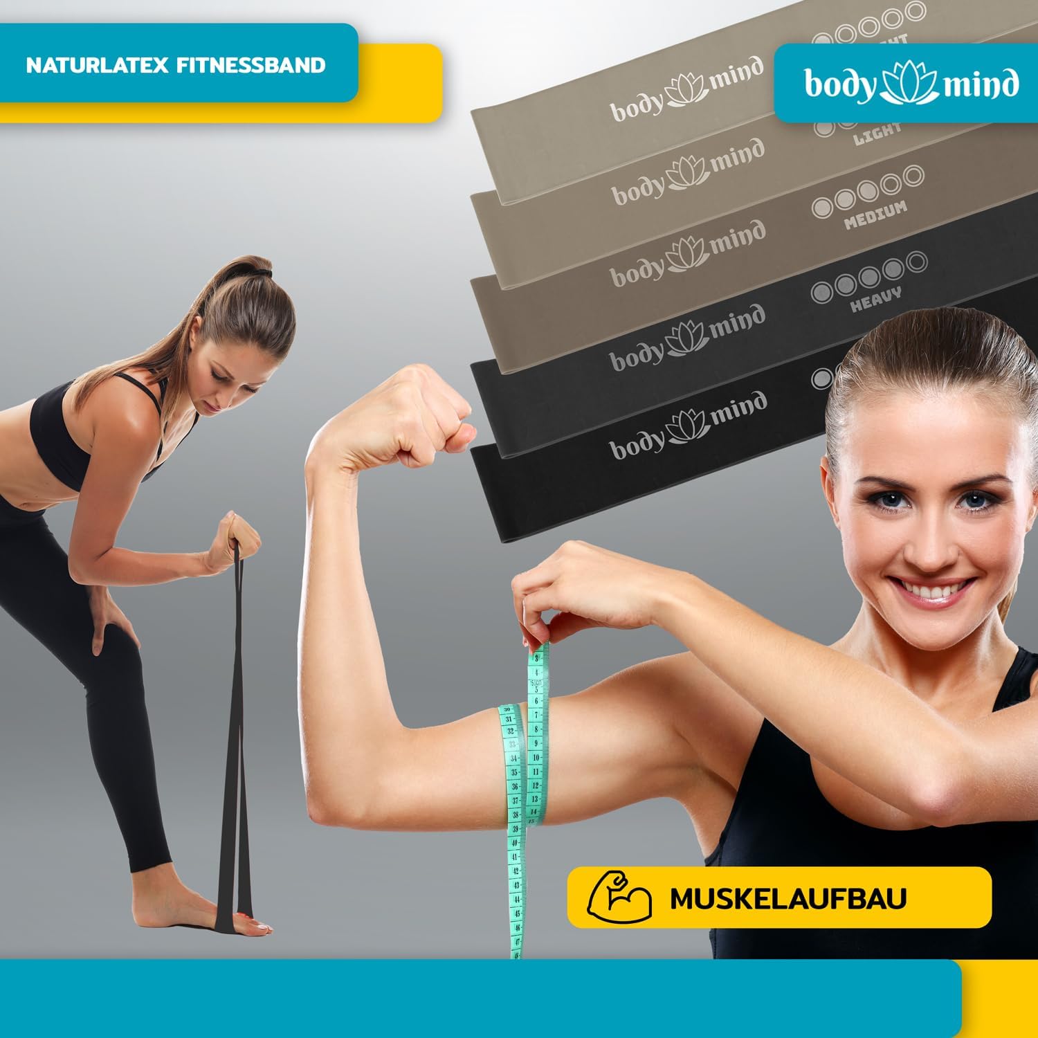 Body & Mind® Fitnessbänder 5 Stück Widerstandsbänder in 5 Stufen, Widerstandsbänder Trainingsbänder Gymnastikbänder 5er Set für Muskelaufbau, Yoga, Pilates & Work-Out; Sportband 100 % Latex – Bild 8