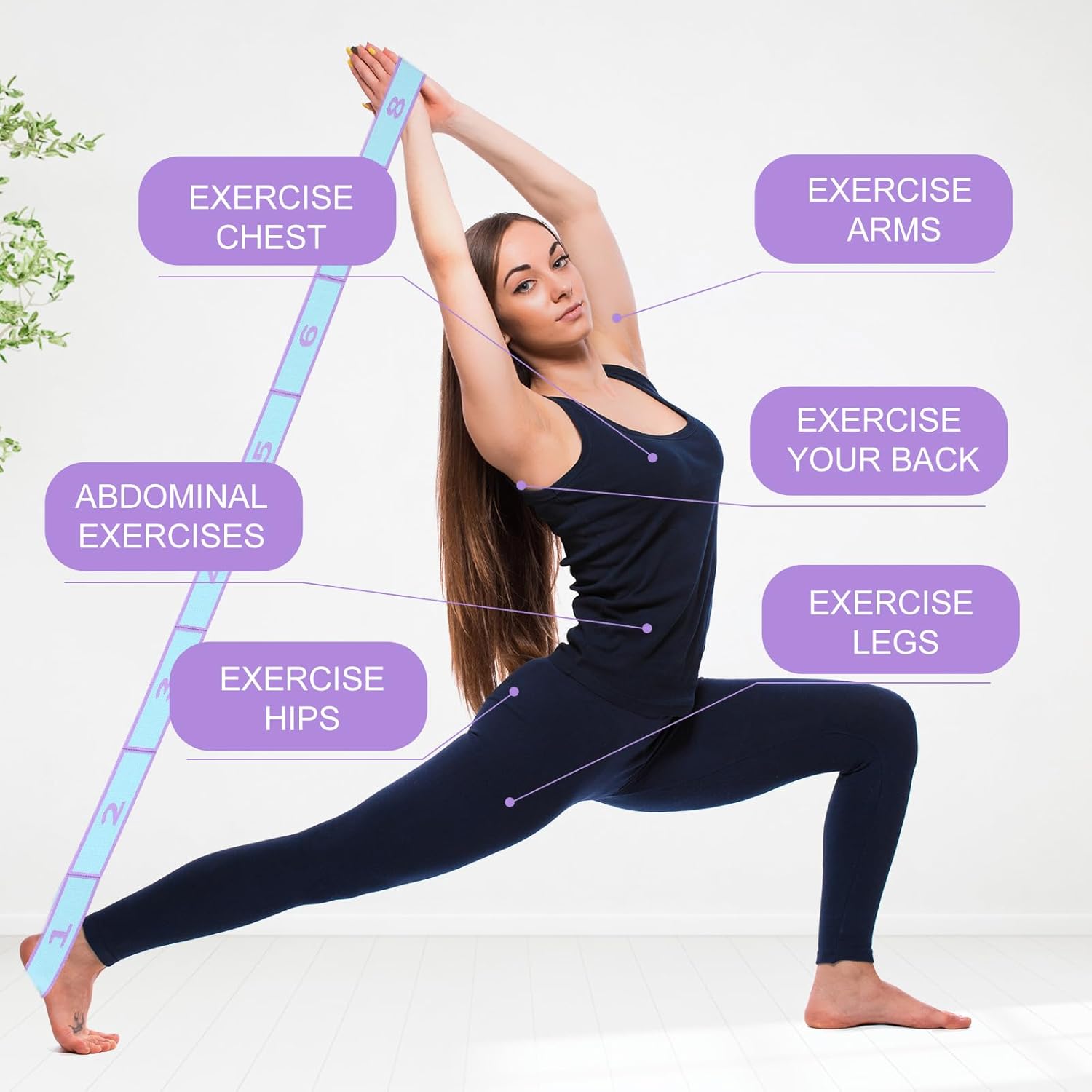 Yoga-Stretchgurt, Abeillo Yoga-Stretchgurt mit 8 Schlaufen, Yoga-Zubehör, Fitnessbänder, Widerstandsbänder, Gymnastikband, elastisch für Pilates, Tanz, Gymnastik, effektives Dehnen (lila). – Bild 3