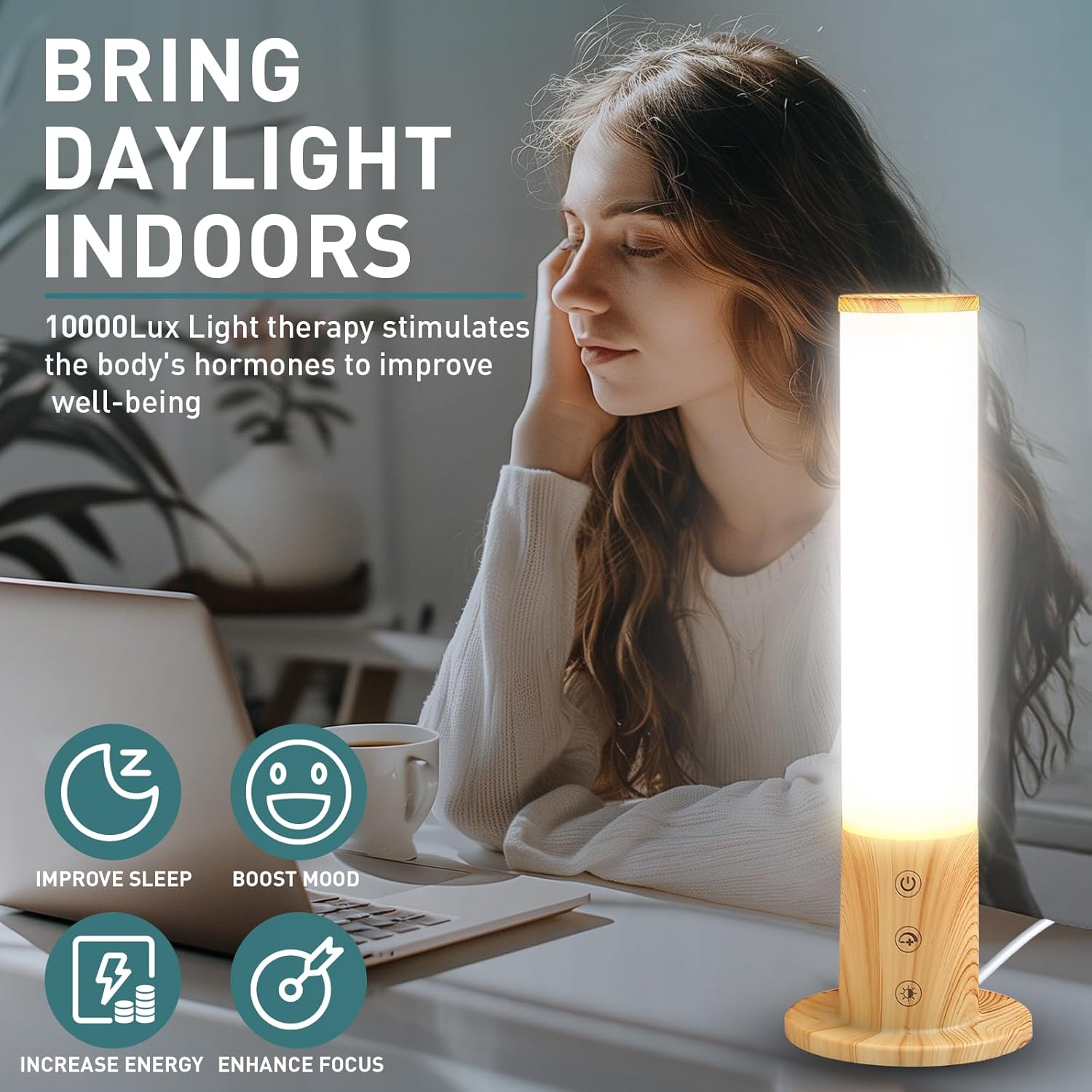 Caromolly Tageslichtlampe, Lichttherapielampe mit 3 Farbtemperaturen & 5 Helligkeitsstufen, Simulation von Tageslicht, Flimmern und UV-freiem LED-Tageslichtlicht, ideal für Zuhause und Büro – Bild 3
